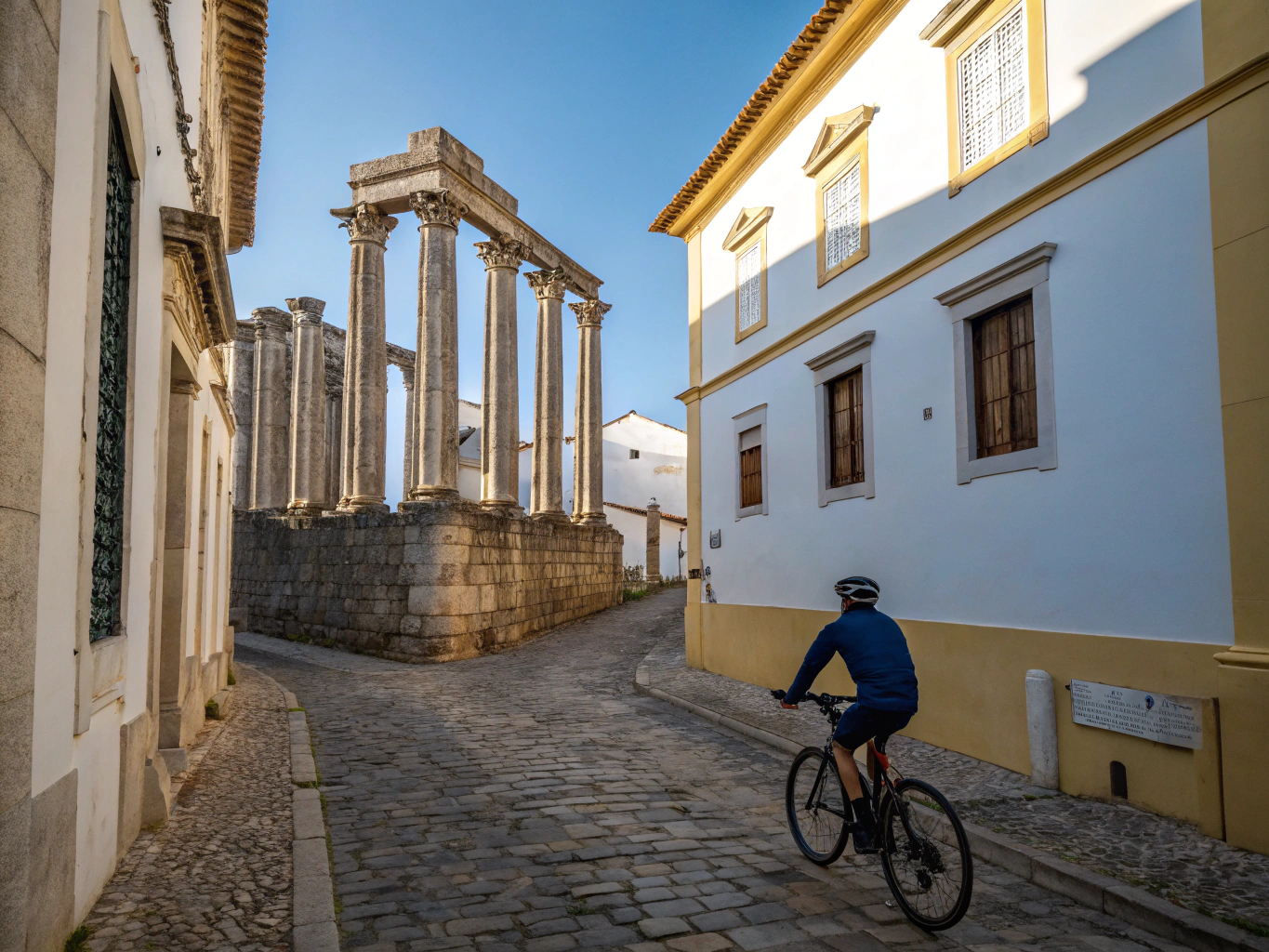 Ancient Roman colonnade standing proudly under a brilliant blue Iberian sky