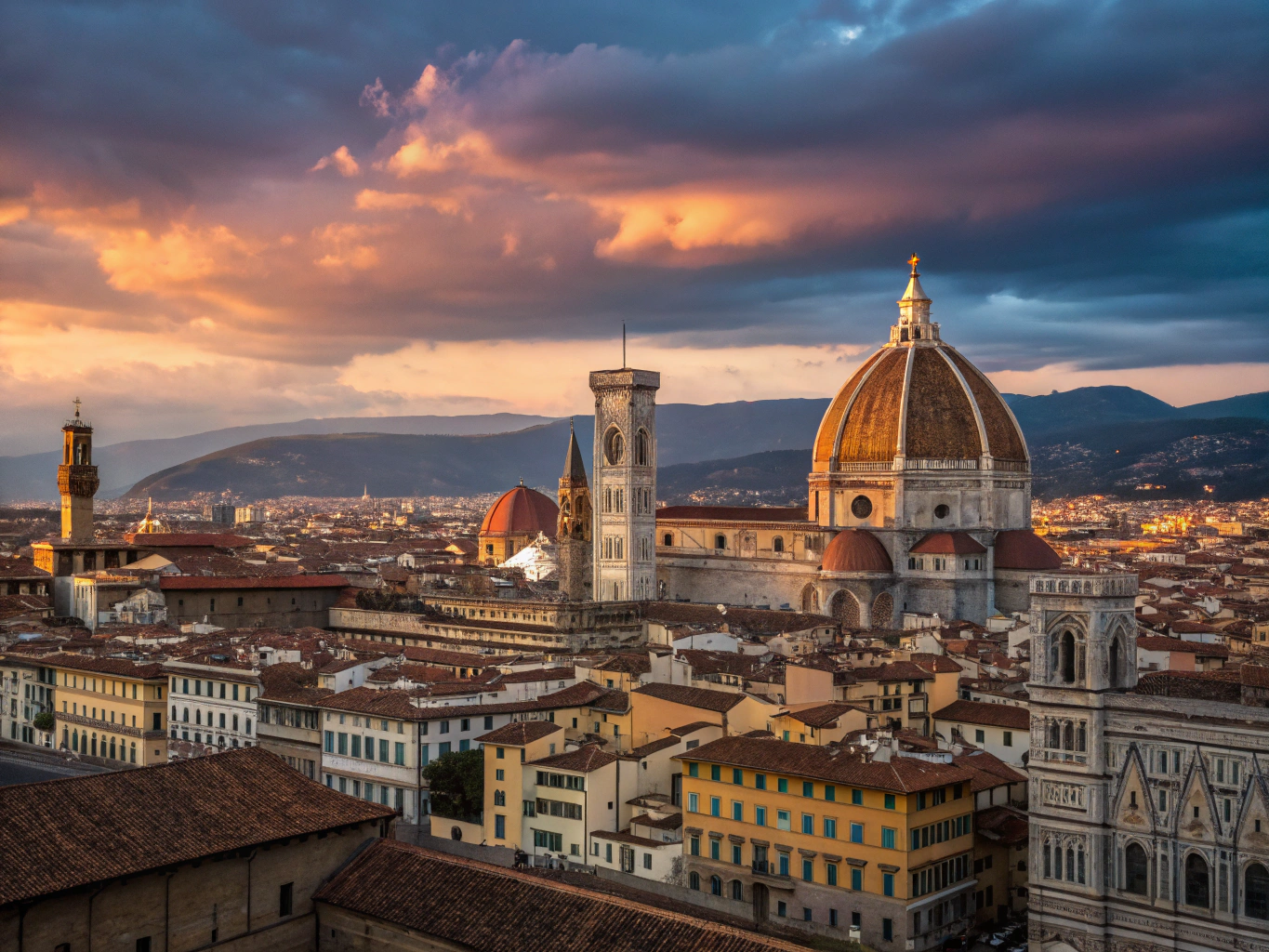 Panoramic view over Florence with the Duomo framed by cypress trees