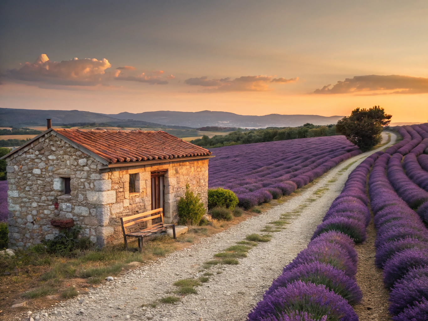 Flowering purple lavender field on an island ridge above the sea