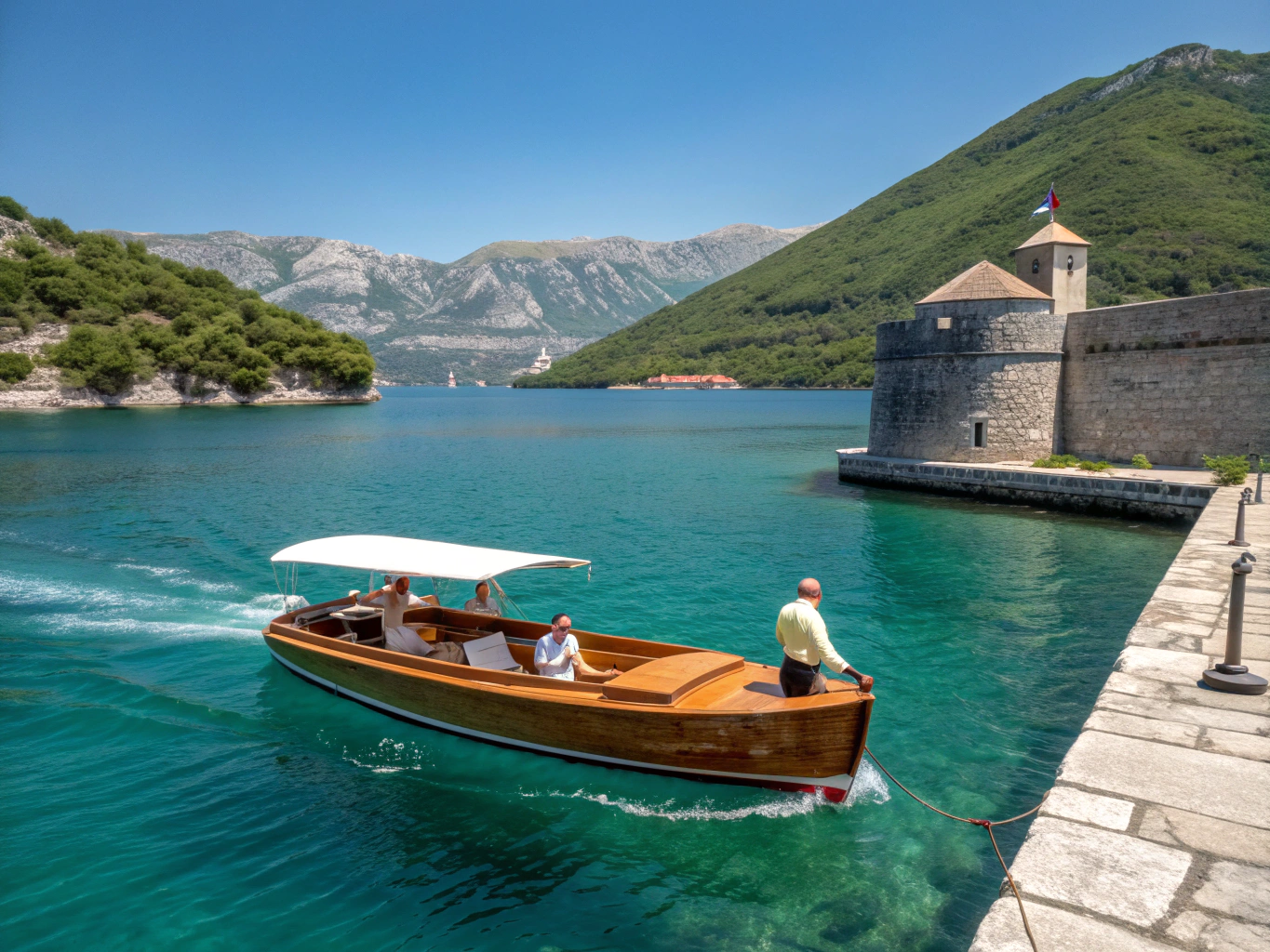 Traditional wooden pletna boat approaching a fairy-tale island church