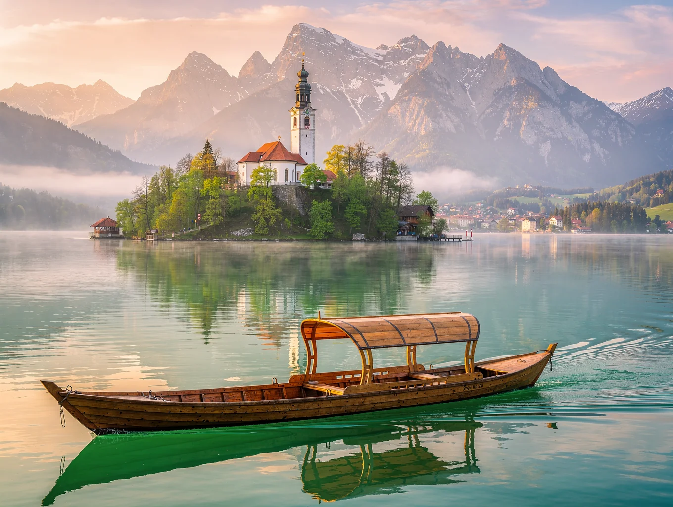 Traditional wooden pletna boat approaching a fairy-tale island church