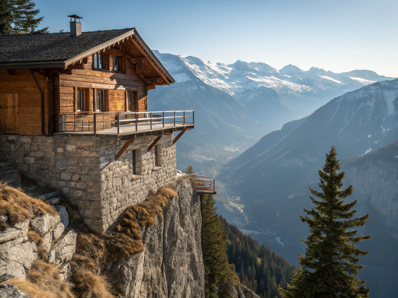 Lush green alpine valley dotted with chalets beneath an immense cliff waterfall