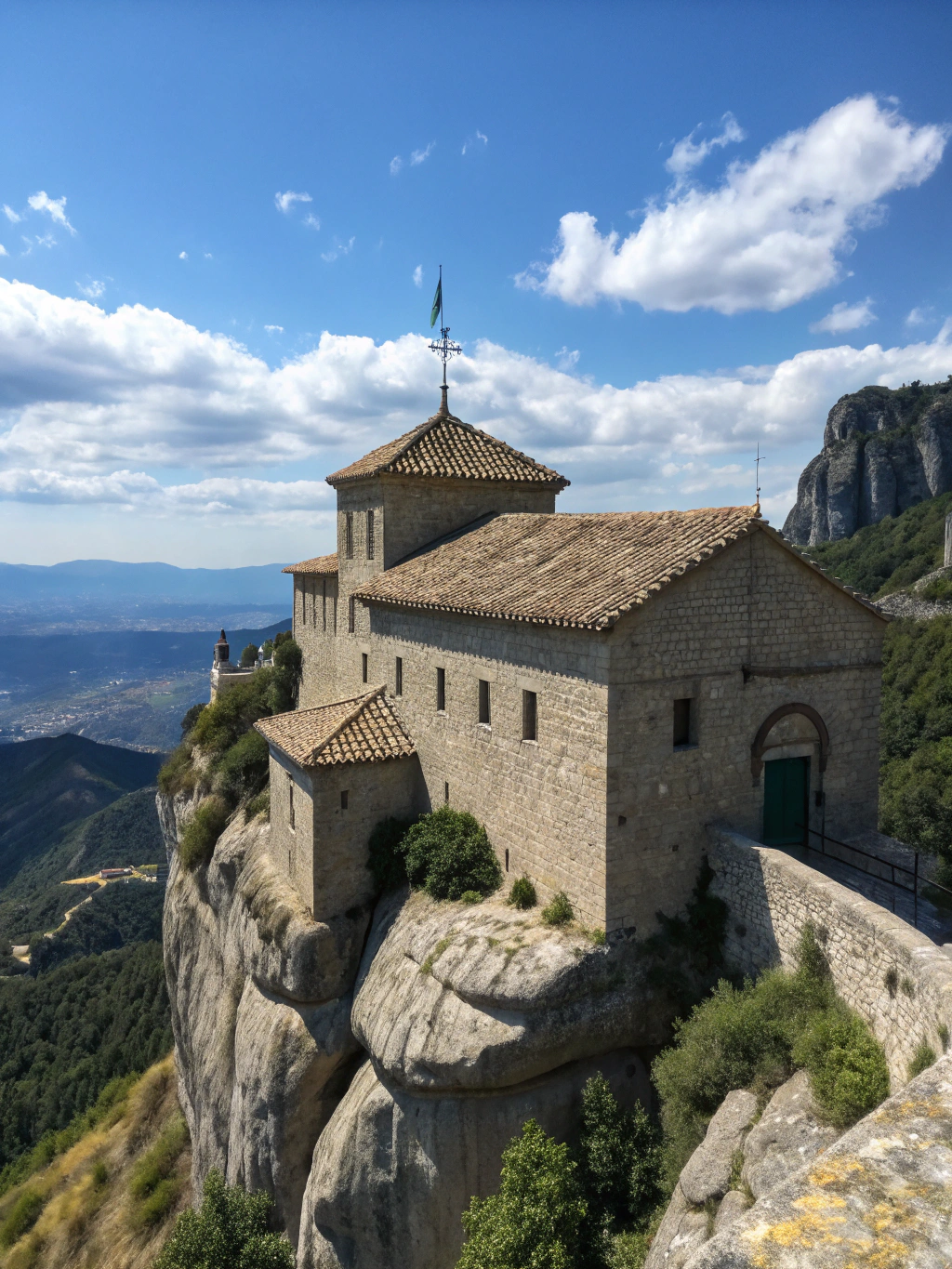Byzantine stone monastery perched atop a precipitous rock pinnacle