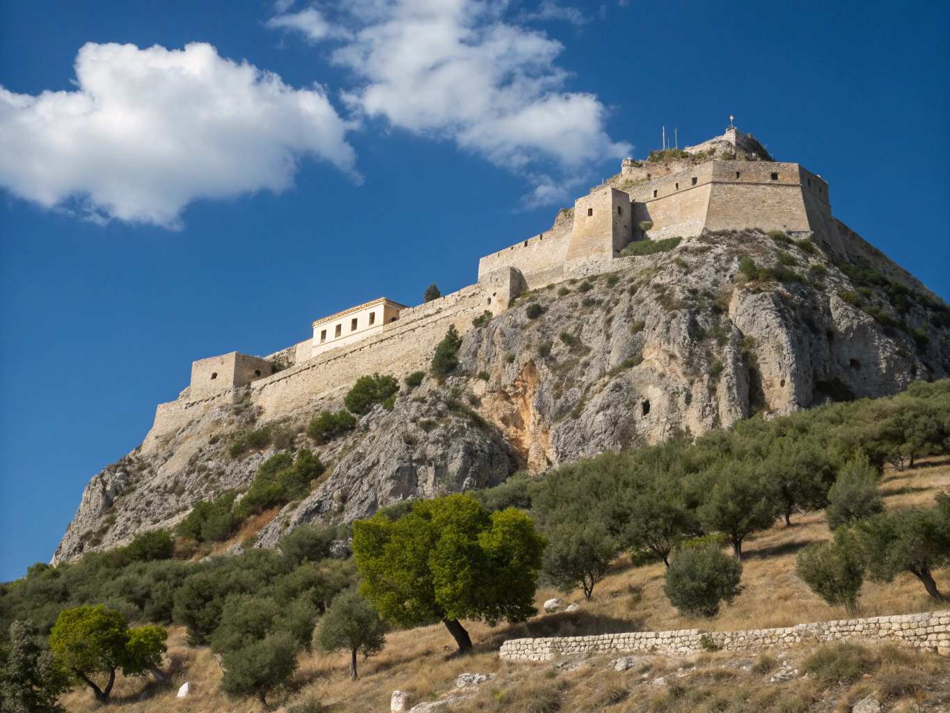 Venetian stone fort walls overlooking turquoise Peloponnese waters