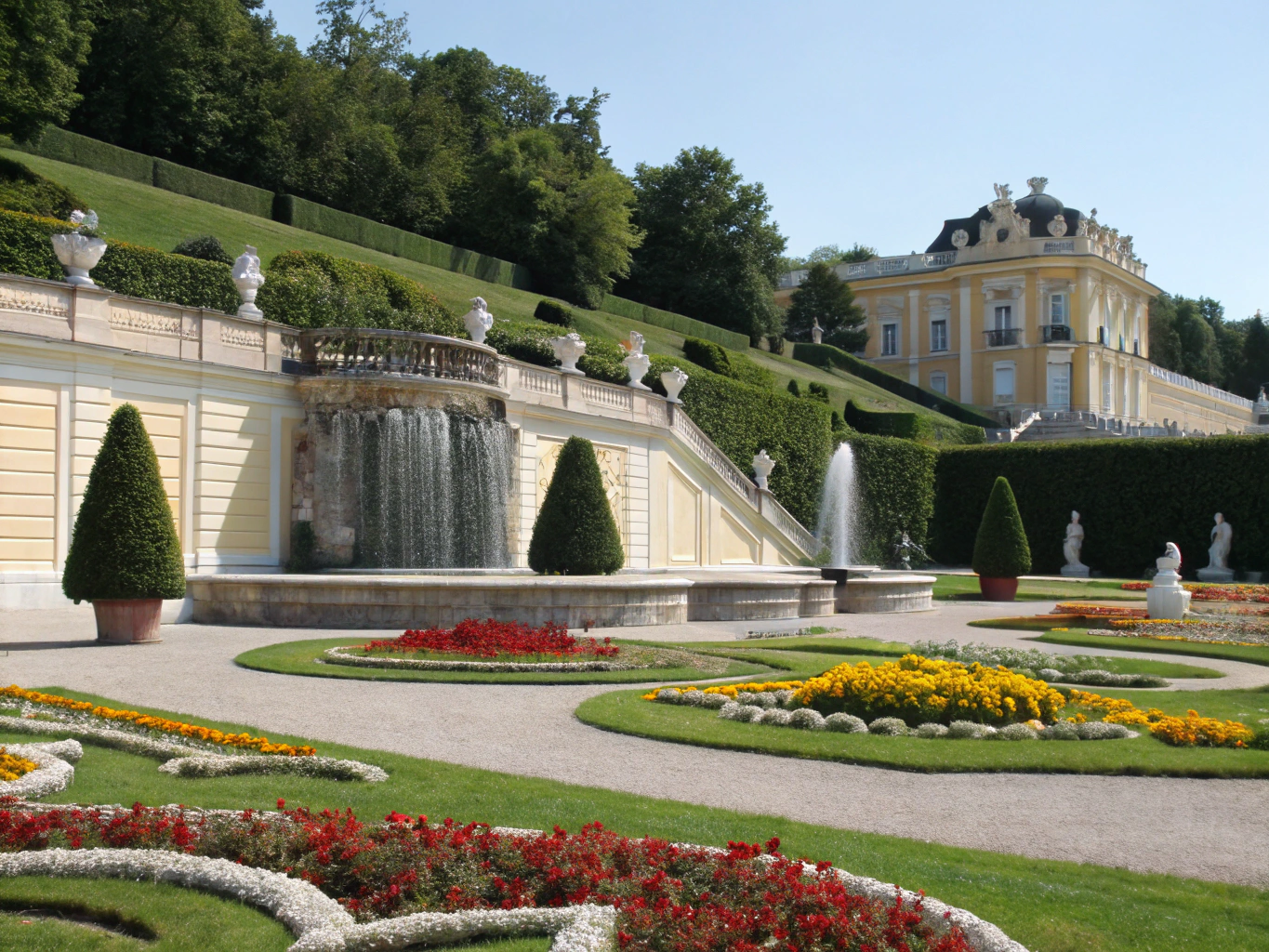 Formal manicured palace gardens leading the eye to a hilltop fortress