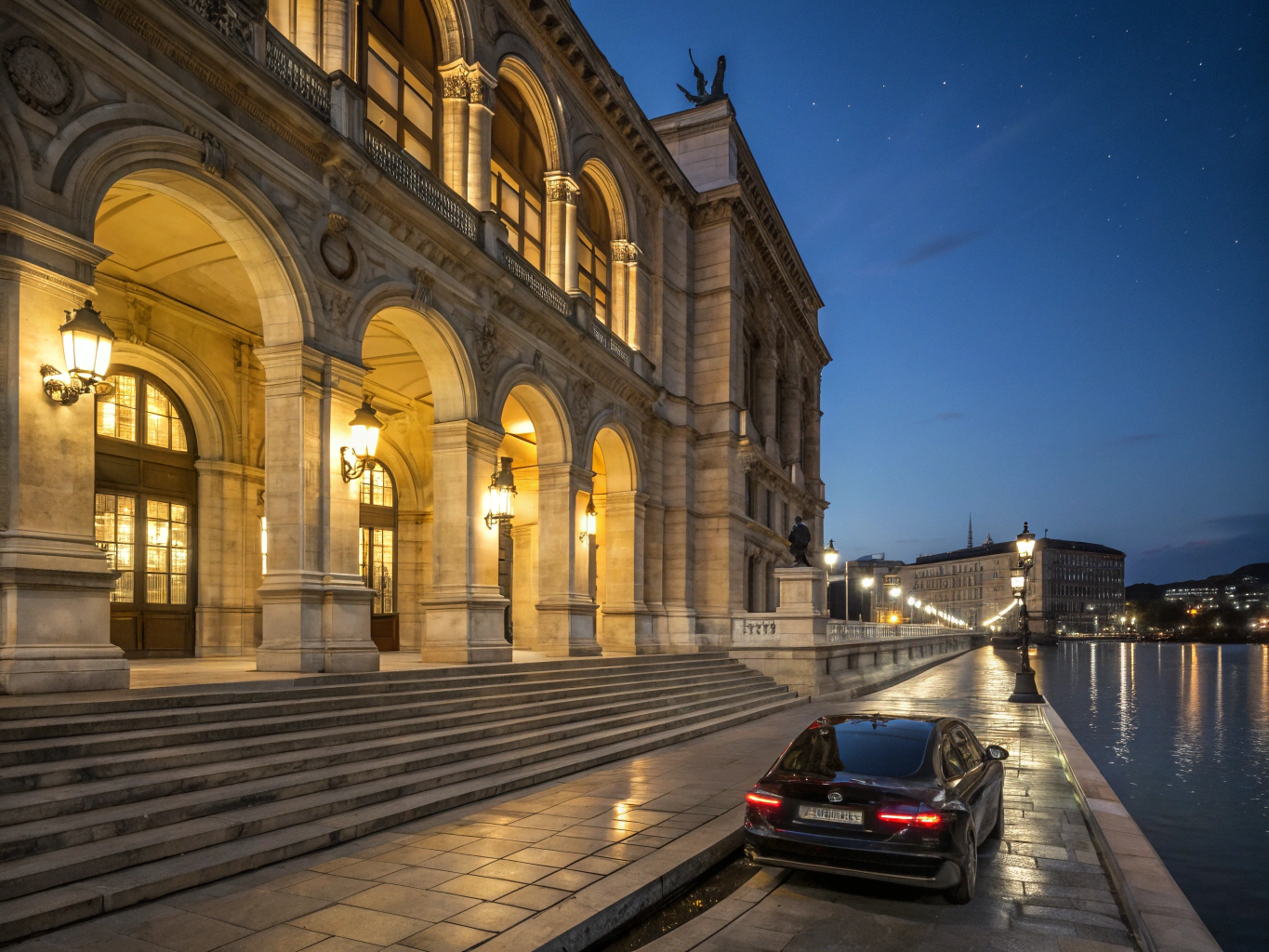 The illuminated facade and loggia of the Vienna State Opera at dusk