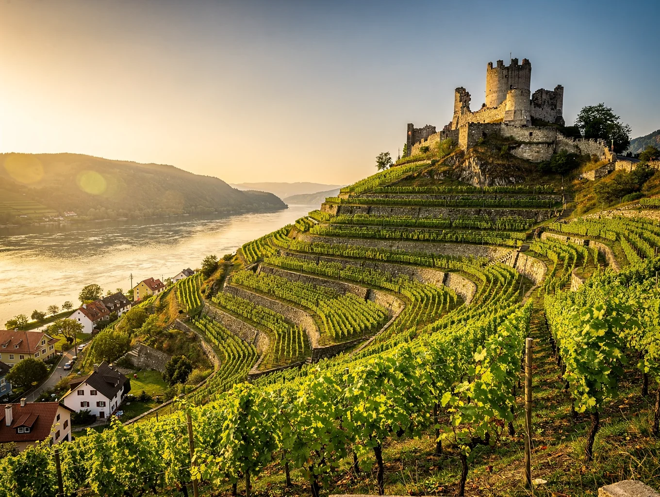 Steep terraced riverbank vineyards overlooking a wide bend of the Danube