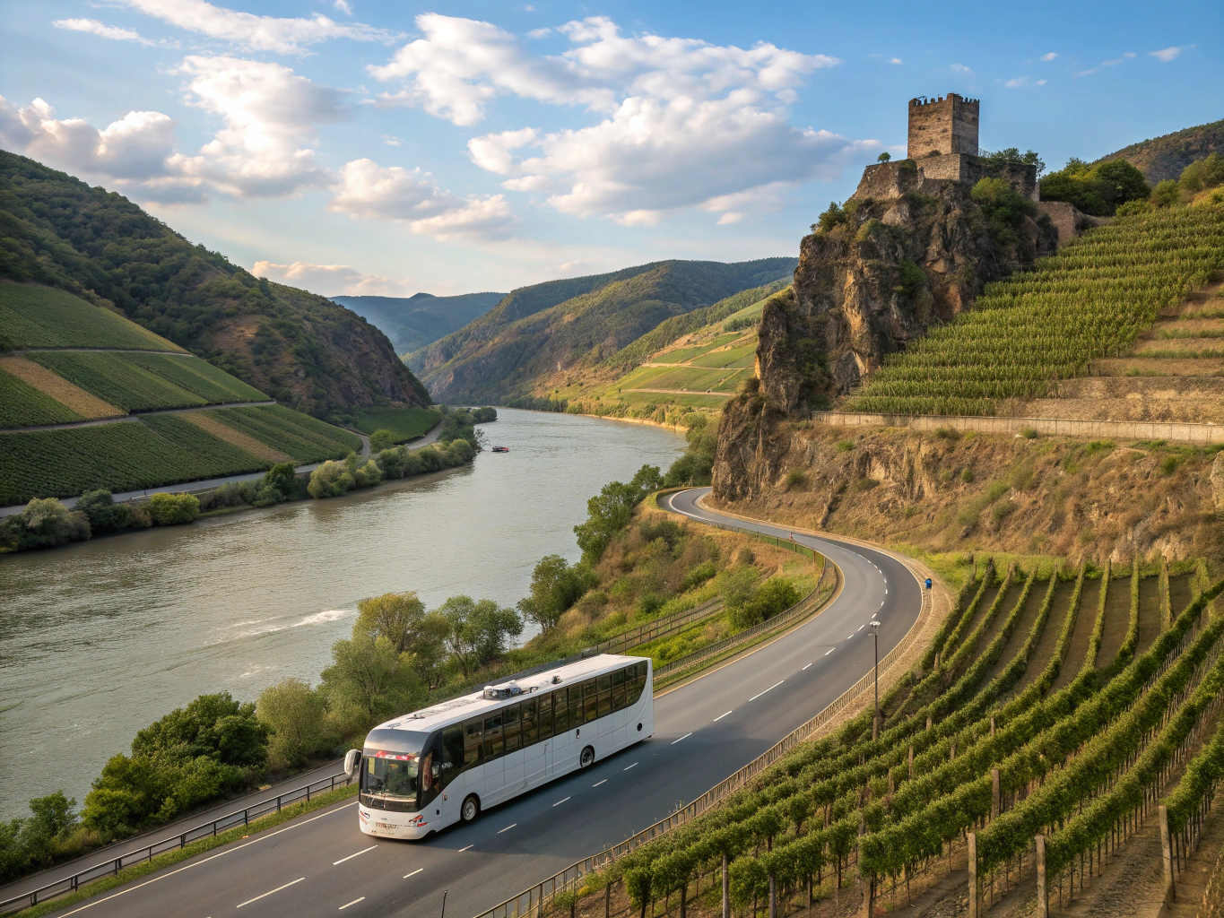 Steep terraced riverbank vineyards overlooking a wide bend of the Danube