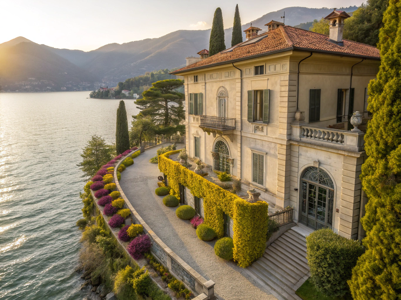 Balustraded marble terrace with cypress trees overlooking calm blue lake waters