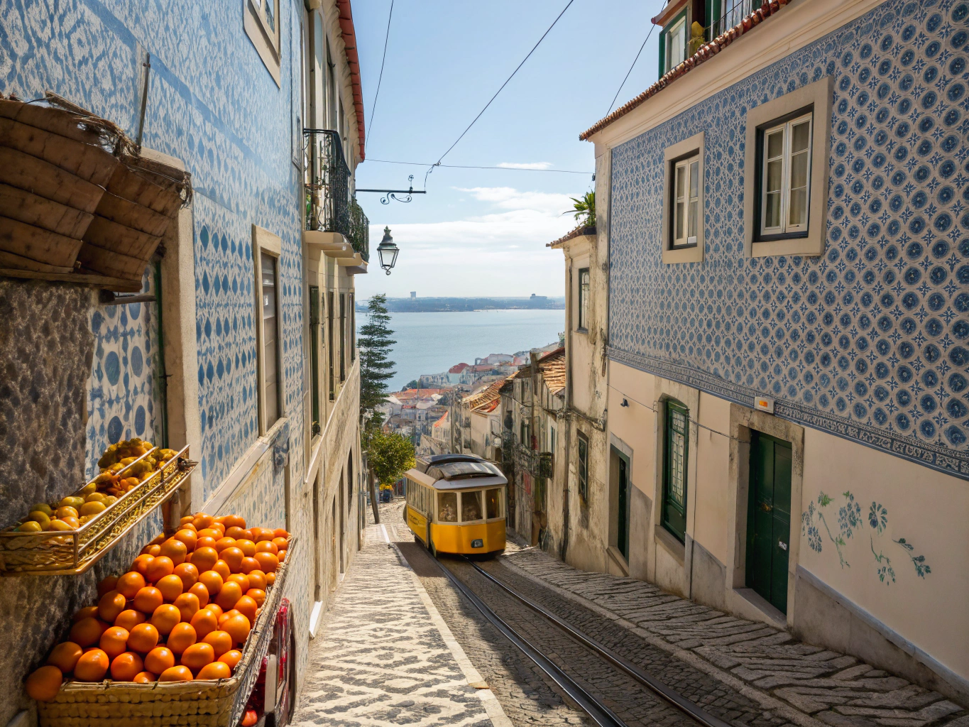 Yellow vintage tram climbing the steep sunlit streets of Alfama