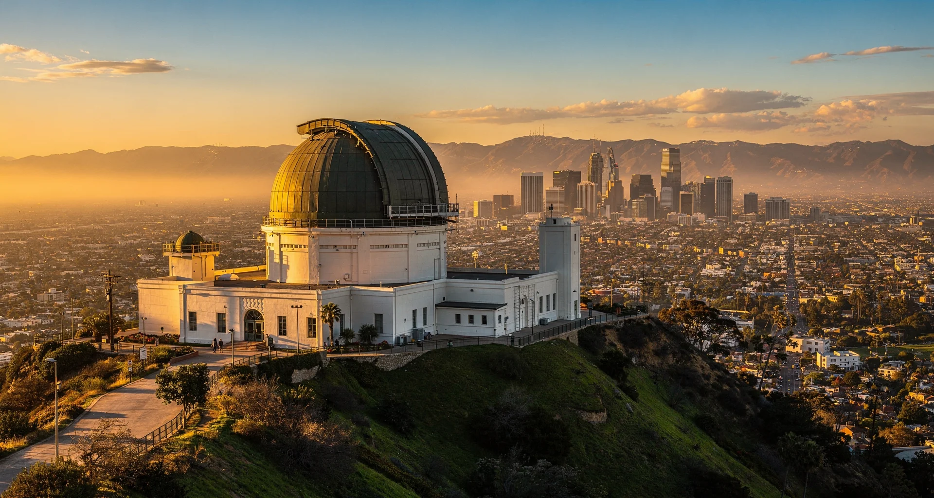 Griffith Observatory dome overlooking the vast Los Angeles basin