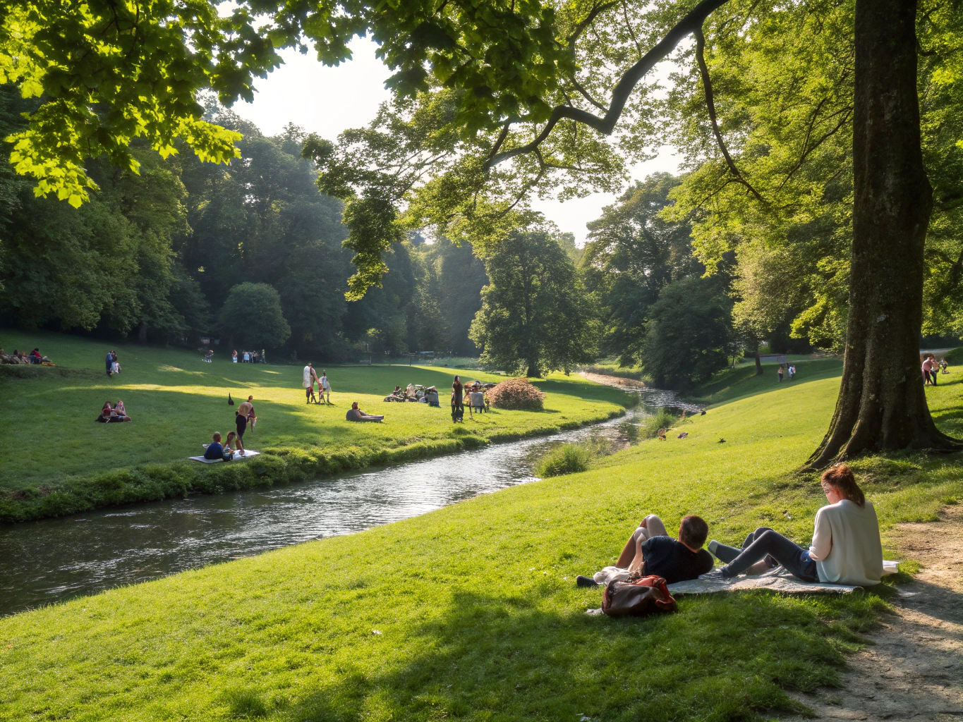 Lush green trees framing the urban waterway in Munich's public garden