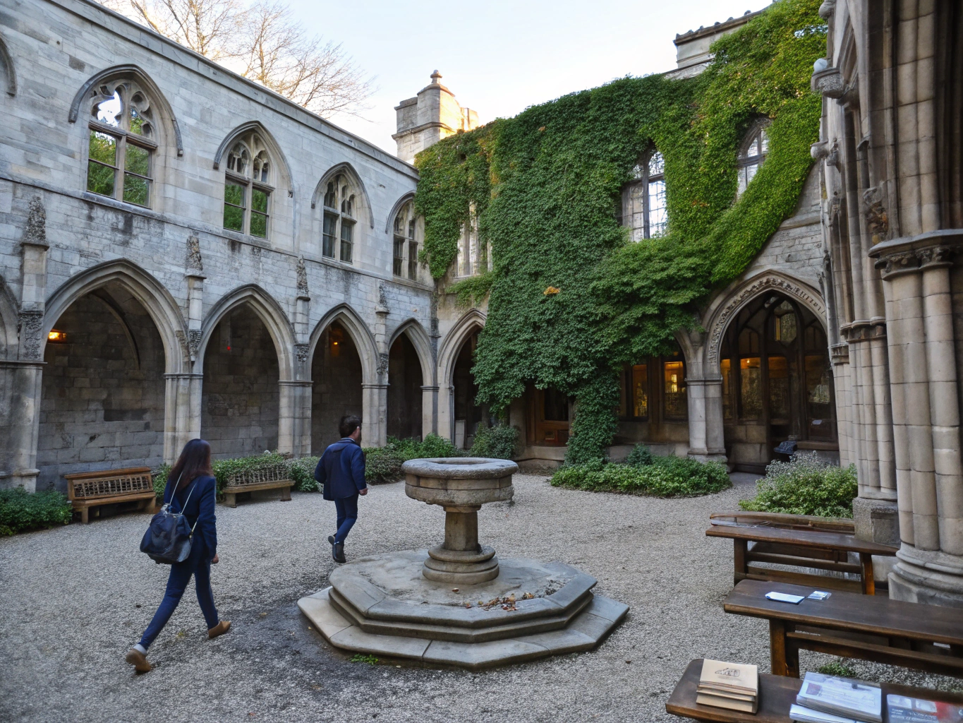 Imposing honey-stone courtyard at Oxford with gothic arched windows