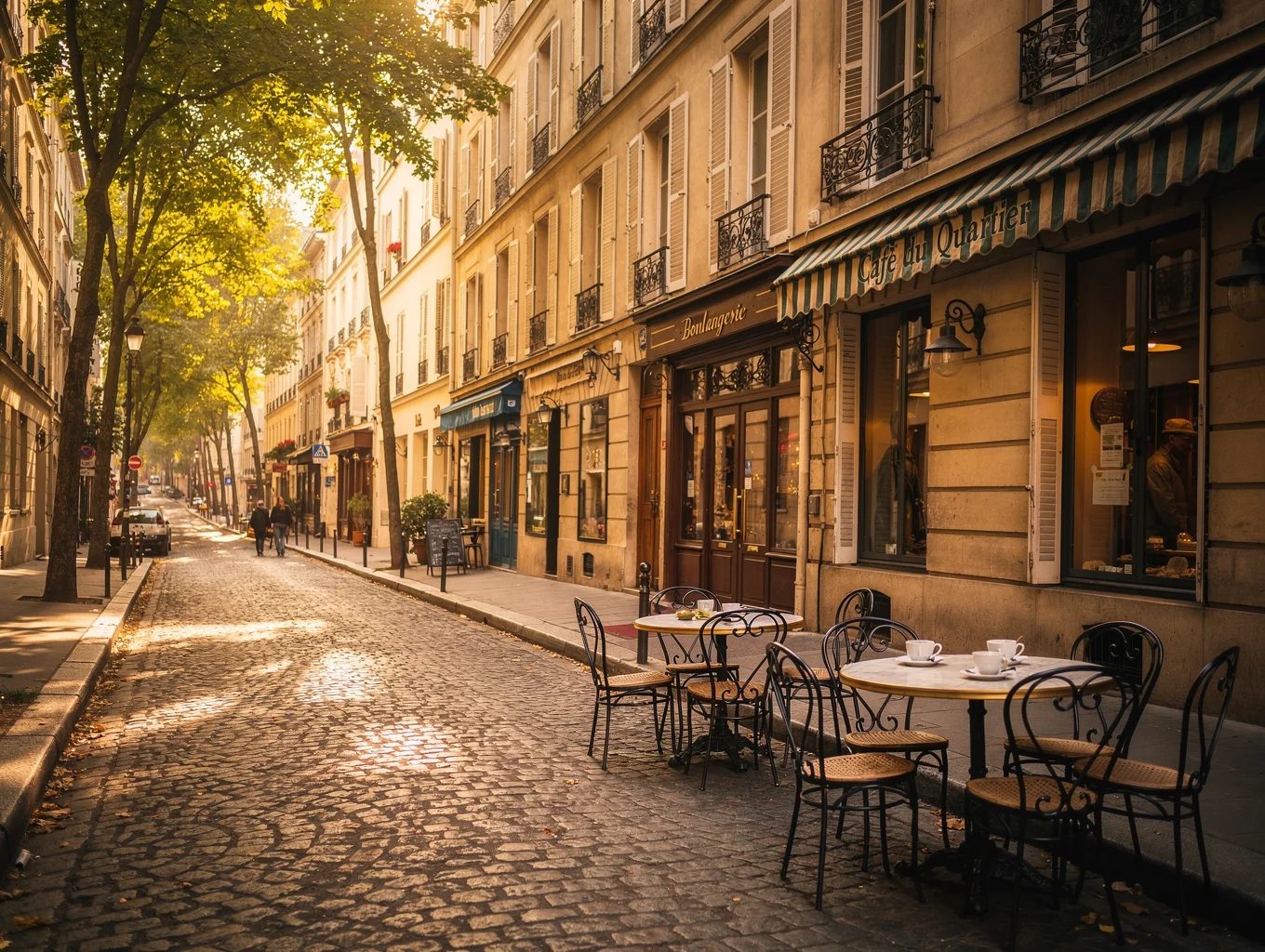 Cobblestone street in the Paris Latin Quarter with cafe terraces