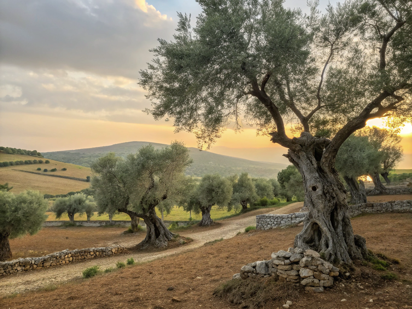 Gnarled ancient olive trees under Aegean sunshine with distant blue hills