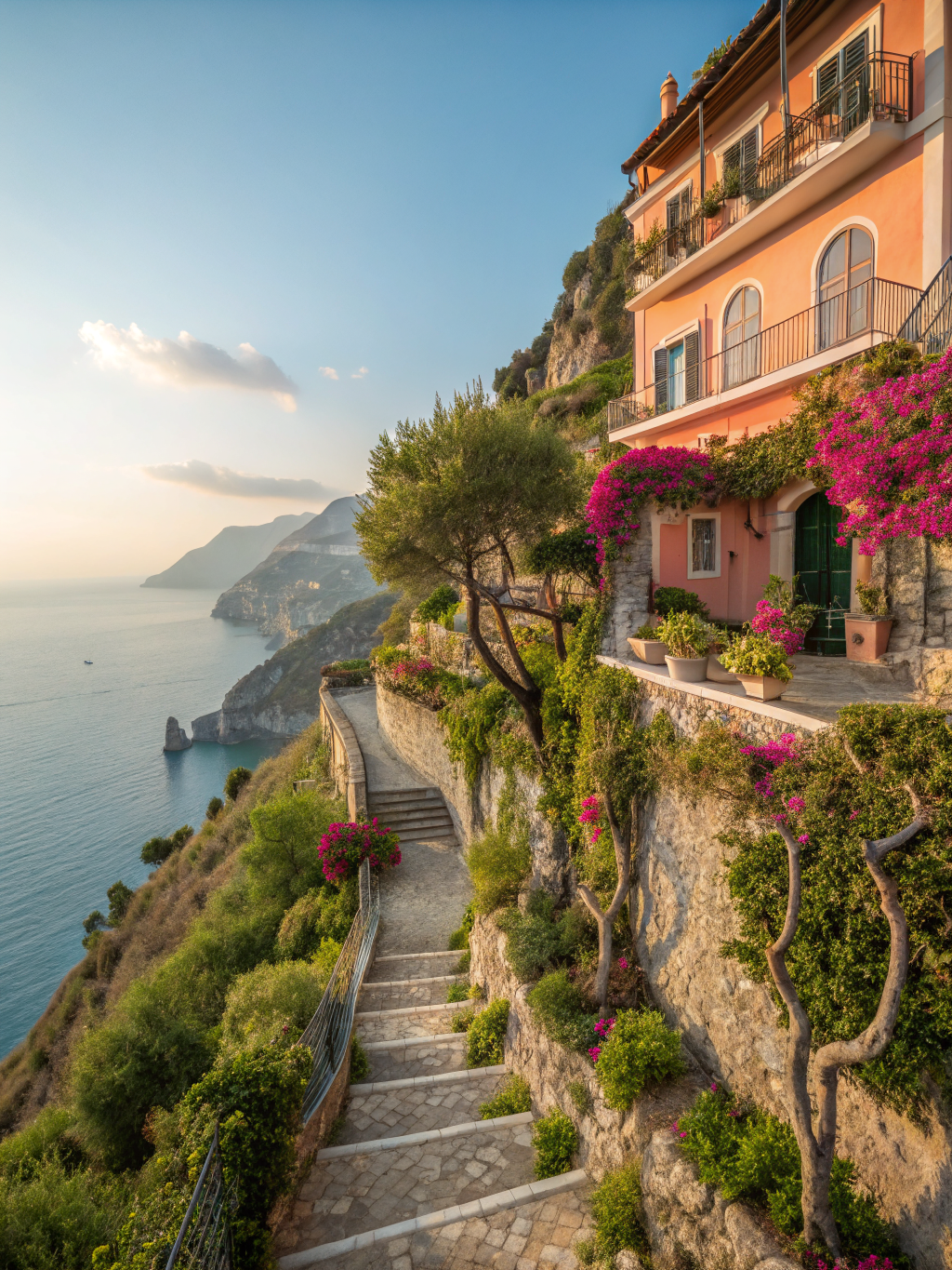 Pastel Italian villas cascading down rugged cliffs to the sea along the Amalfi Coast