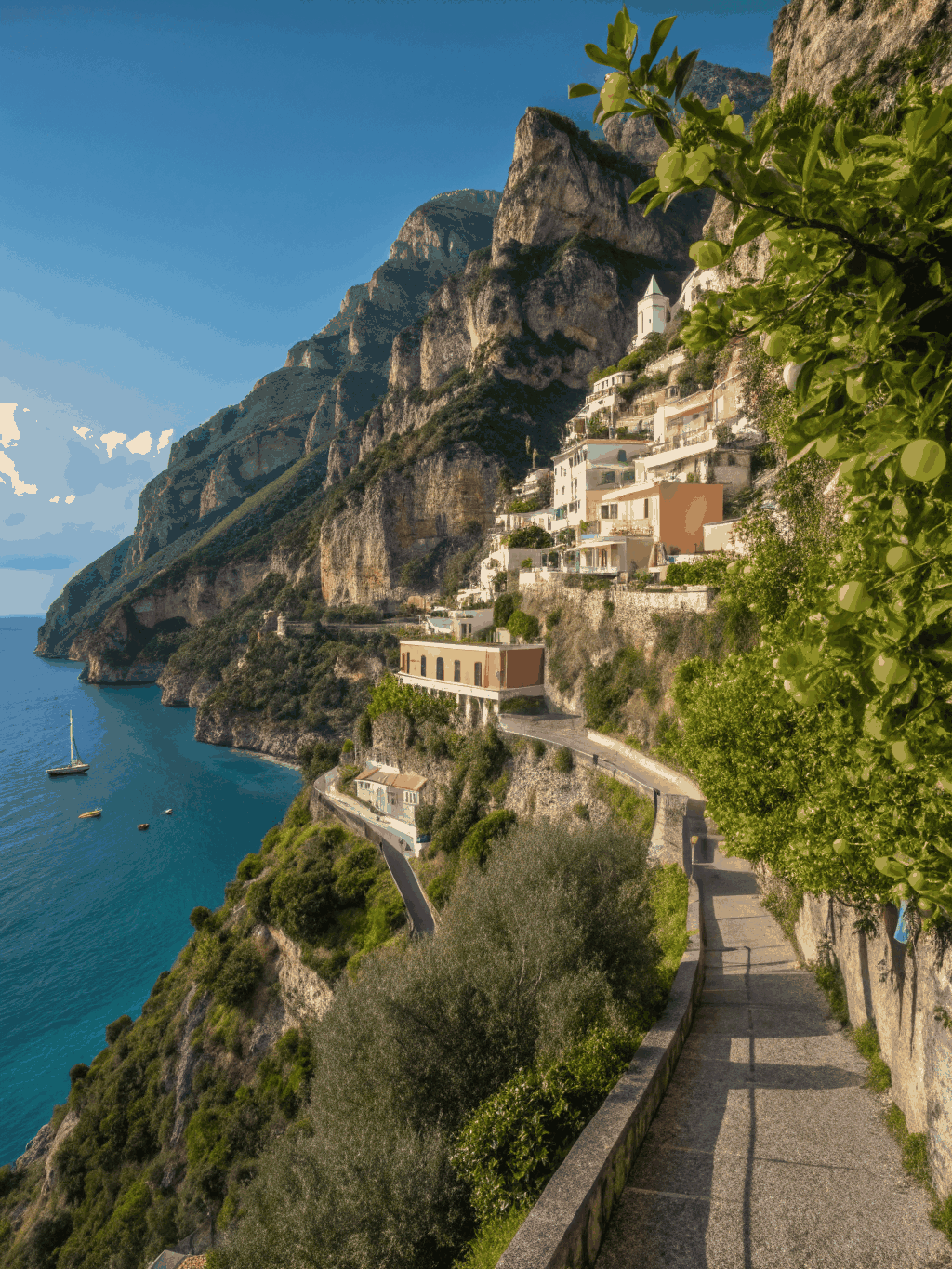Terraced cliffs and azure Mediterranean waters along Italy's Amalfi Coast