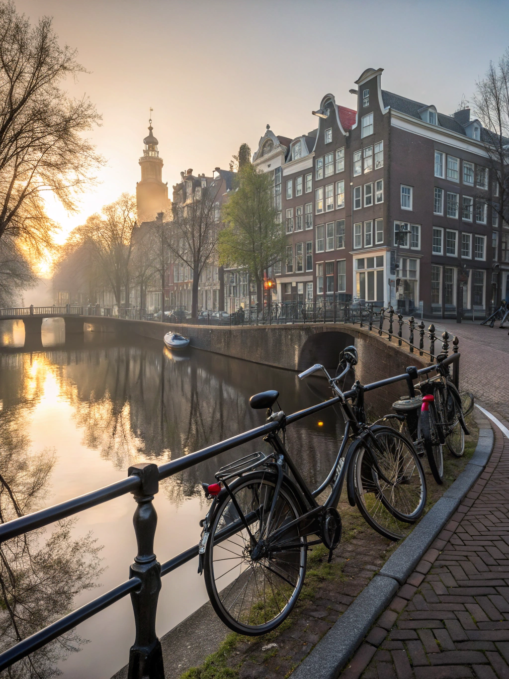 Canal-lined historic brick streets and flower reflections in Amsterdam Netherlands