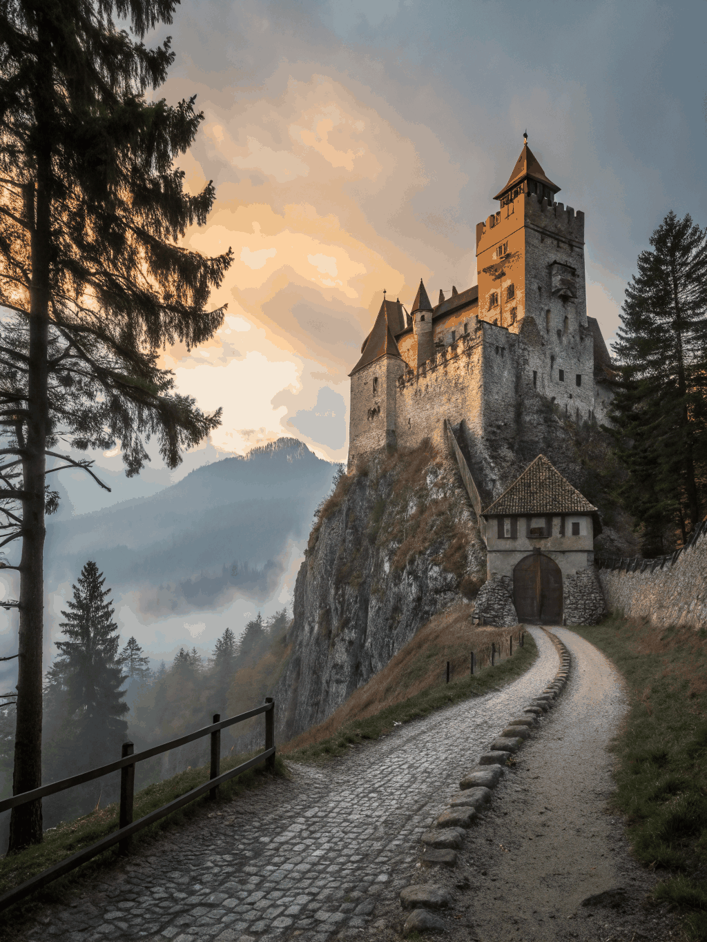 Gothic fortress of Bran Castle perched on a rocky hillside at twilight in Transylvania Romania