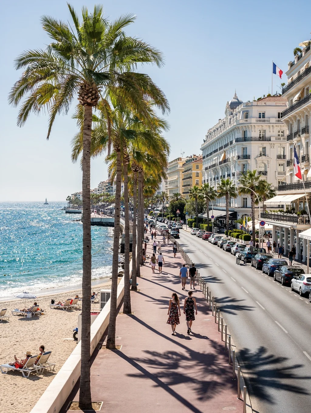 Iconic palm-fringed Boulevard de la Croisette in Cannes lined with luxury beachfront resorts and blue water