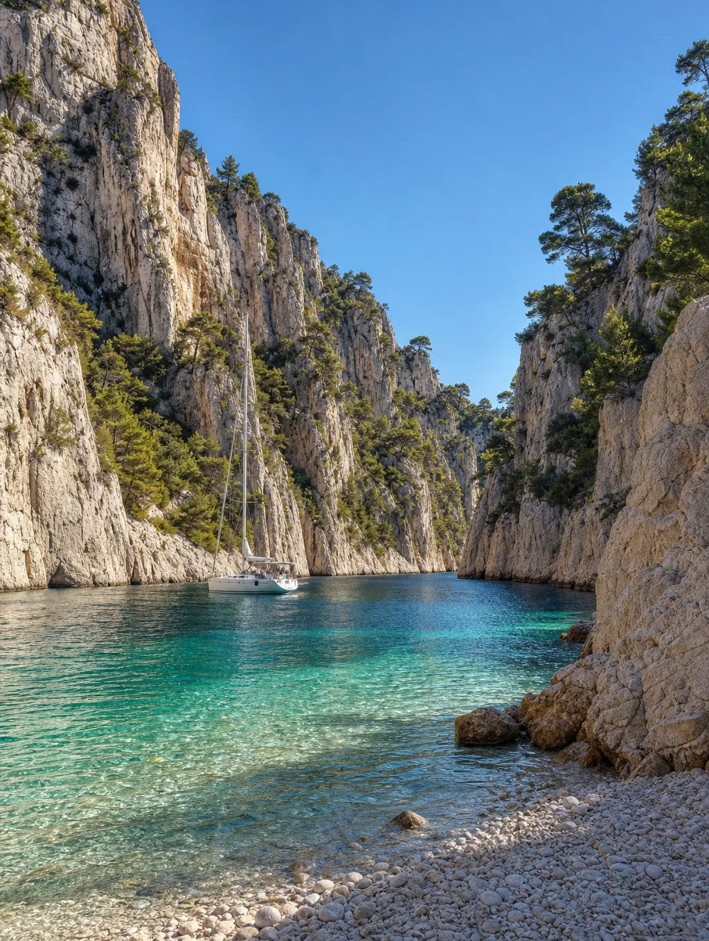 Limestone coastal cove and calm azure sea along the French Riviera