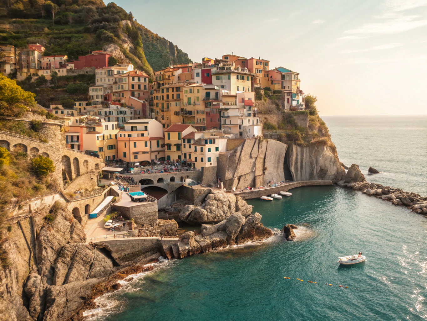 Fargerike hus i pastell høyt hevet over Middelhavet i Cinque Terre