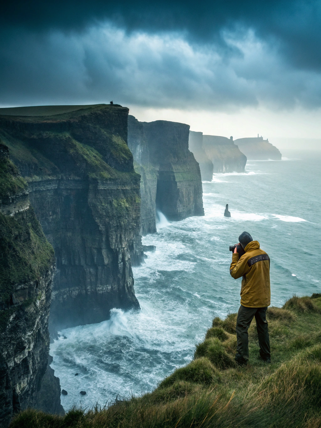 Dramatic sea cliffs and Atlantic swells at sunset in County Clare Ireland