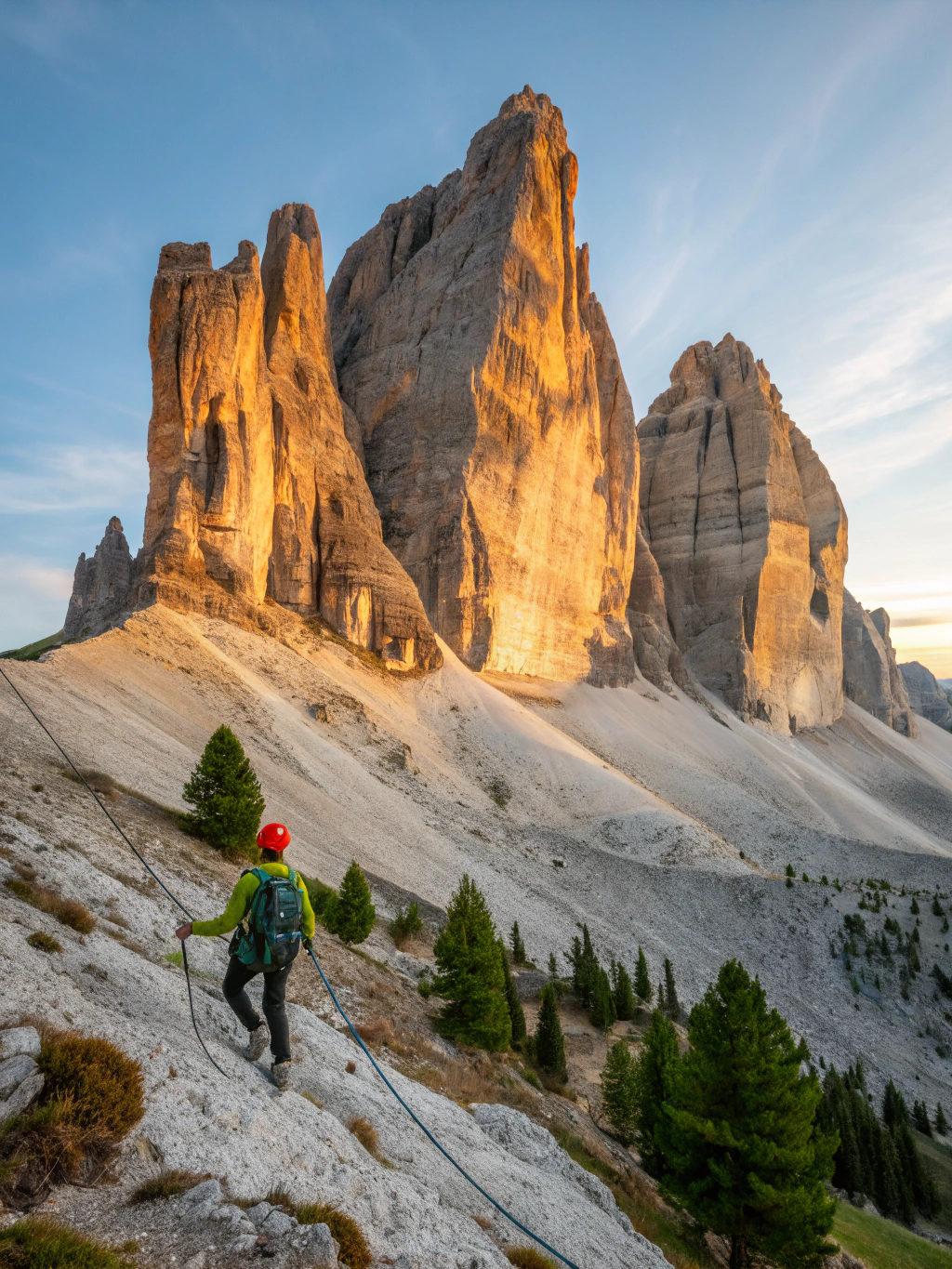 Three monumental limestone rock towers of the Dolomites under dramatic mountain clouds