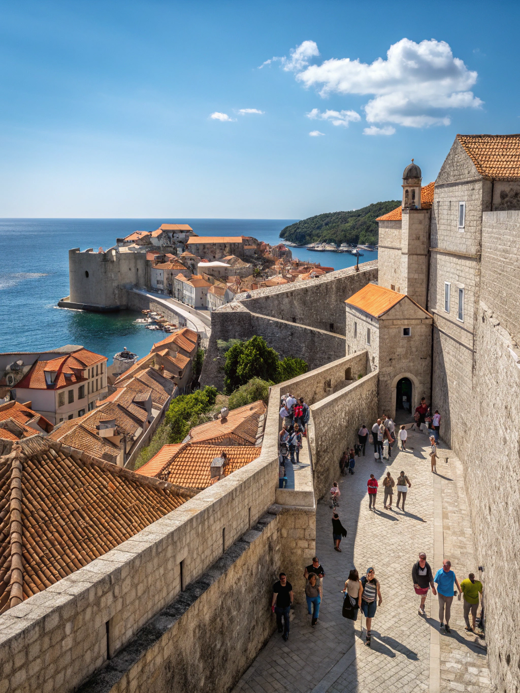 Sun-drenched terracotta rooftops and medieval stone ramparts of Dubrovnik bordering the turquoise Adriatic Sea