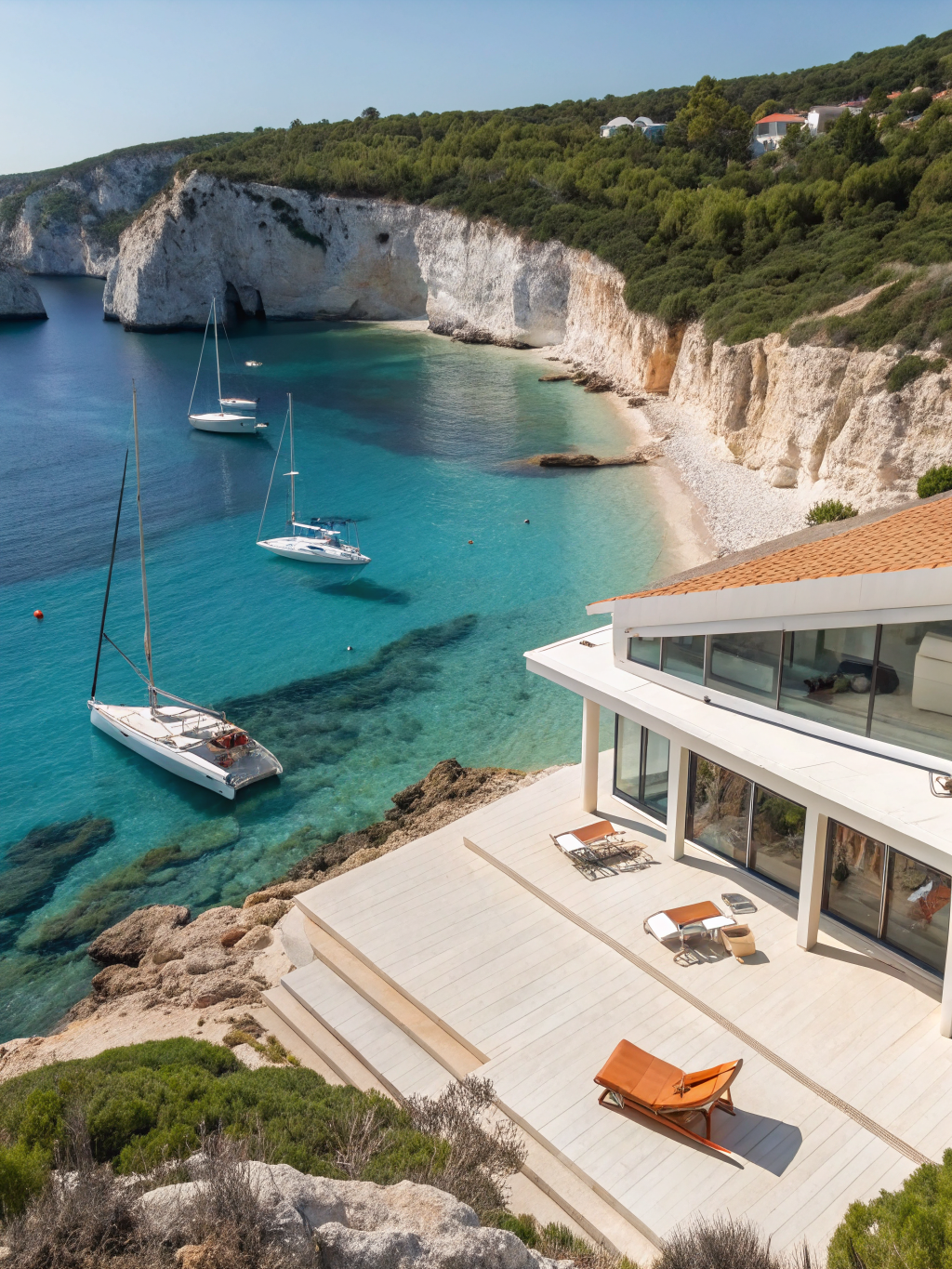Sunlit luxury cliffside estate overlooking azure Mediterranean waters along the French Riviera