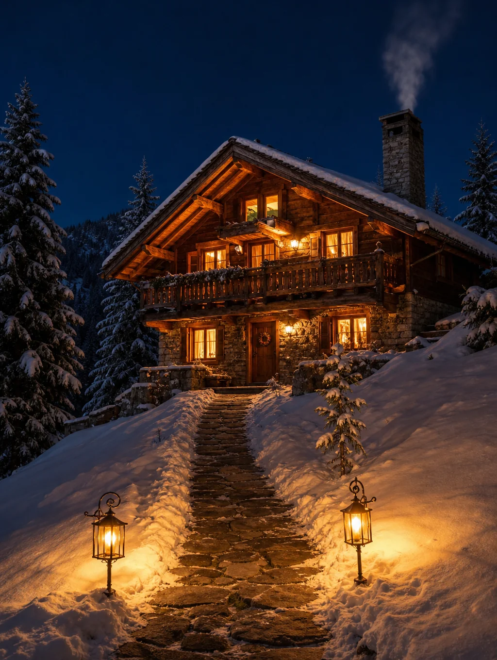 Traditional timber luxury chalet in Gstaad glowing against snowy alpine mountain slopes