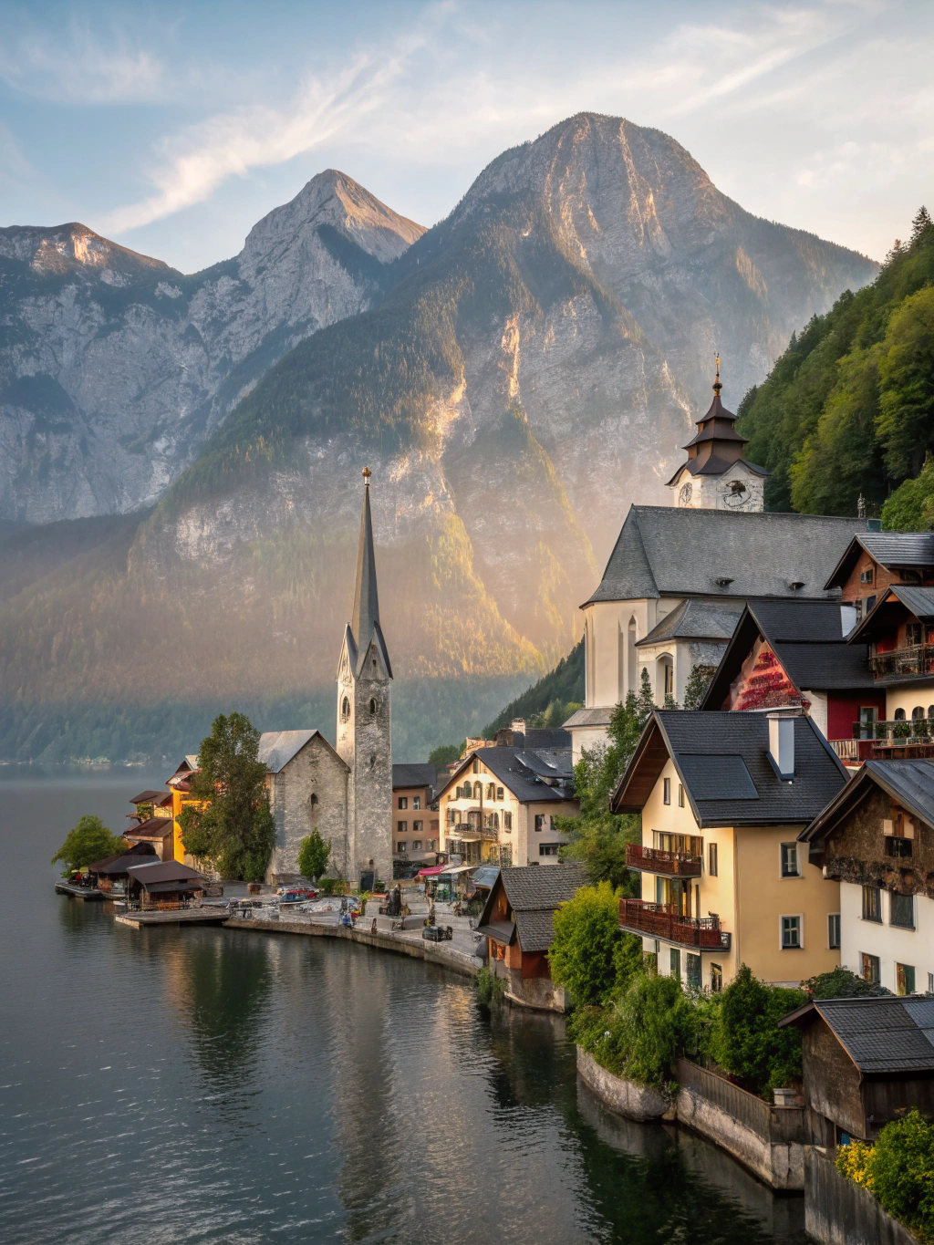 Historic lakeside Austrian village houses reflected in calm dark mountain waters