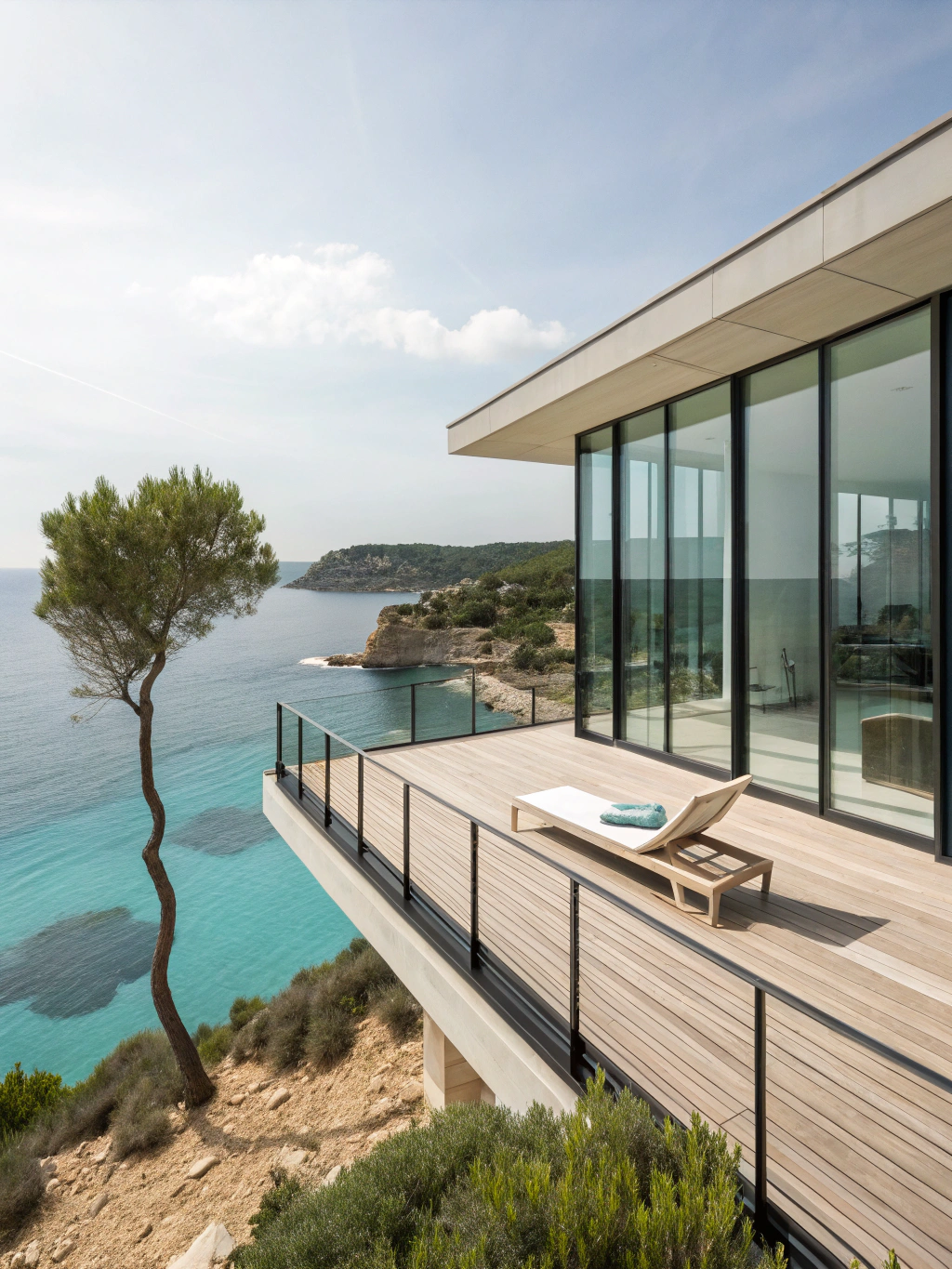 White modern villa terrace with infinity pool looking out over turquoise Mediterranean waters in Ibiza