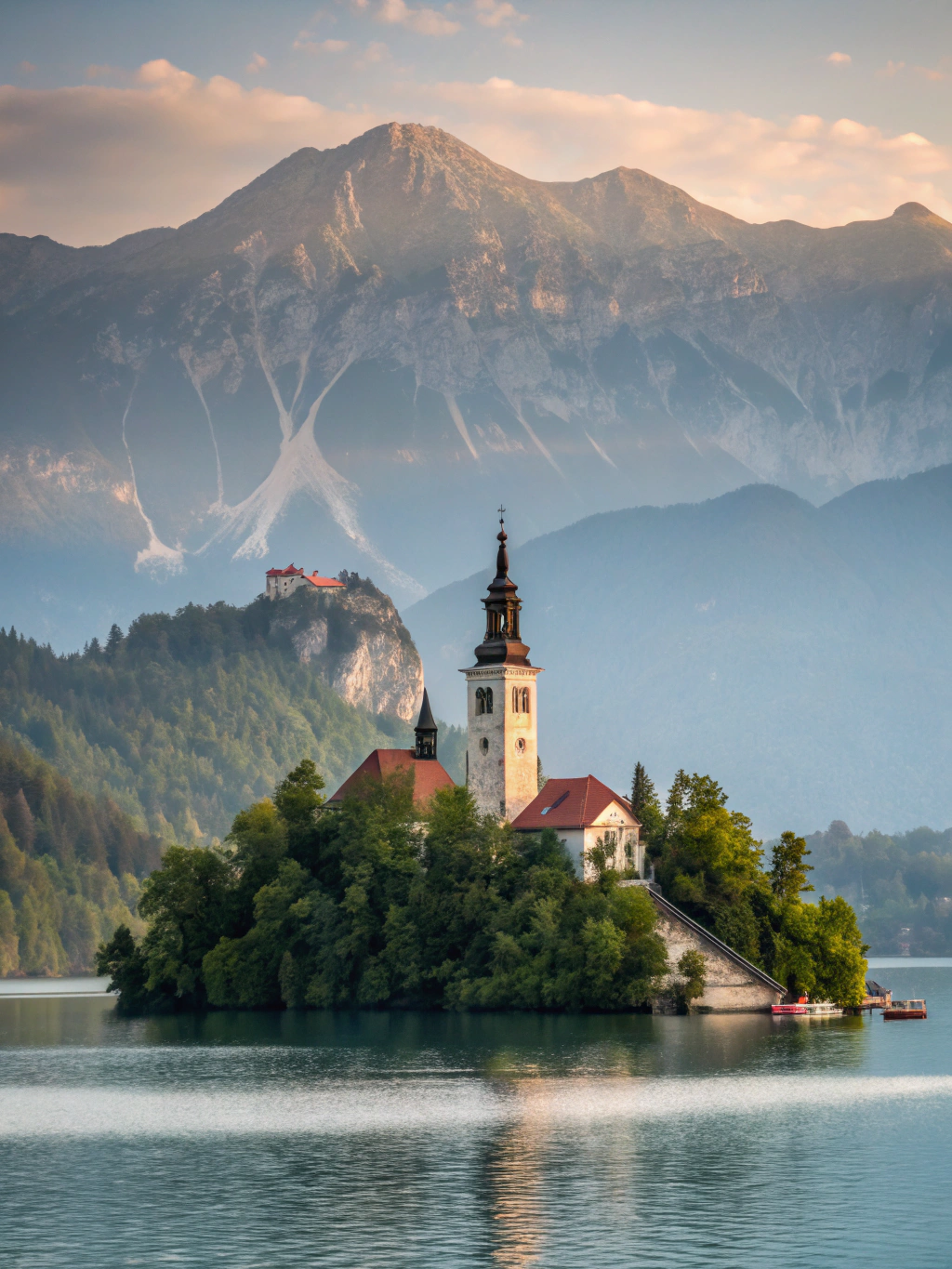 Historic pilgrimage church beside an emerald alpine lake surrounded by sheer cliffs