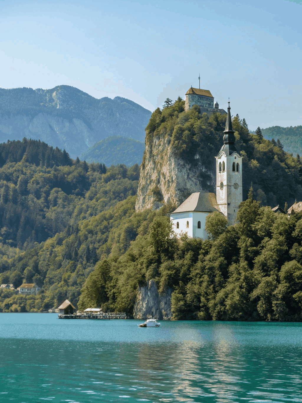 Lake Bled island church with alpine peaks Slovenia