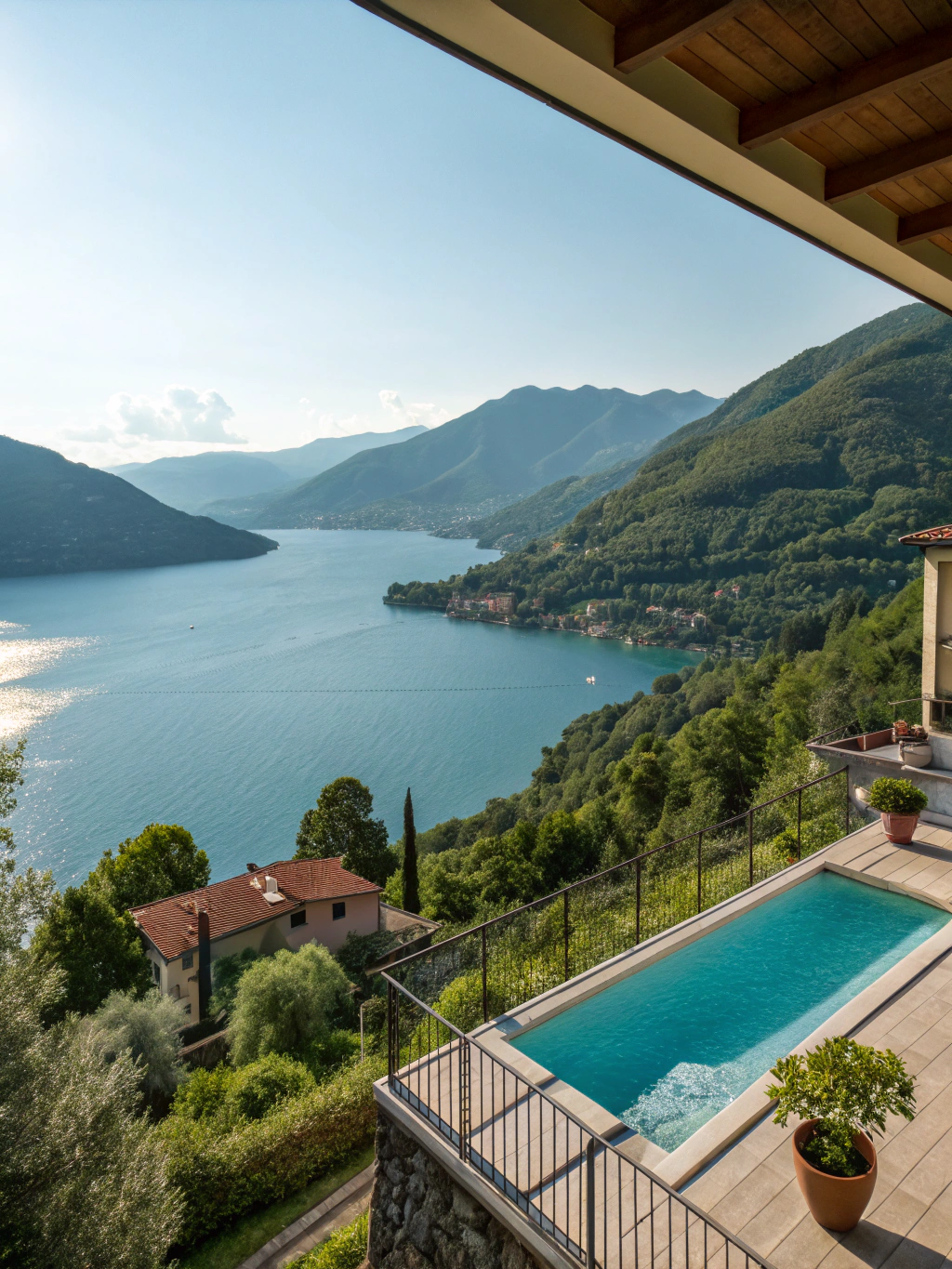 Elegant villa gardens overlooking the deep waters and blue hills of Lake Como