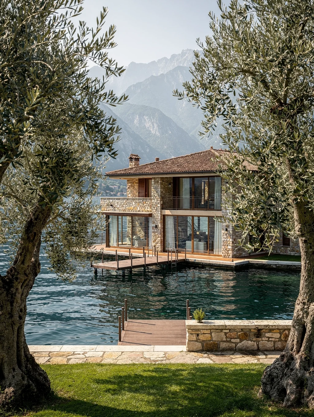 Lakeside luxury villa with stone terrace overlooking tranquil waters of Lake Garda