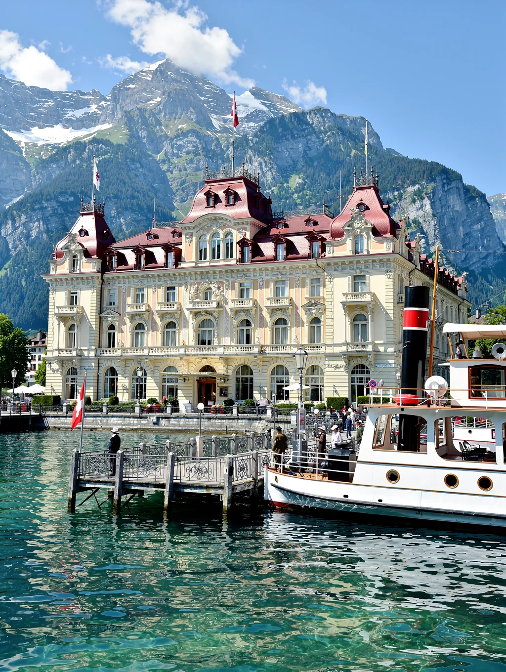 Belle Époque grand hotel situated on the shores of Lake Lucerne with snow-capped mountain peaks in the background