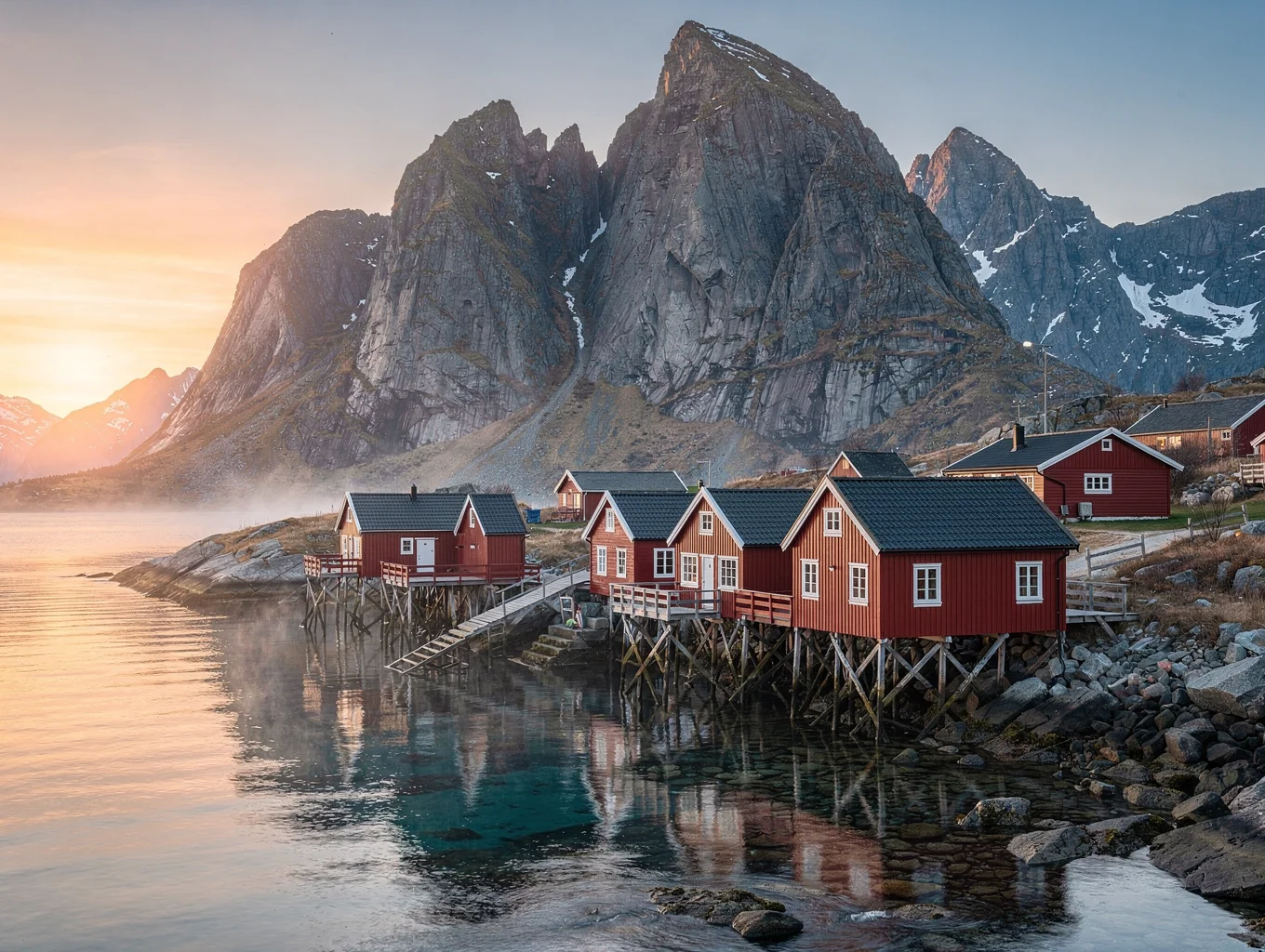 Røde rorbuer på påler foran spisse granittfjell i Lofoten
