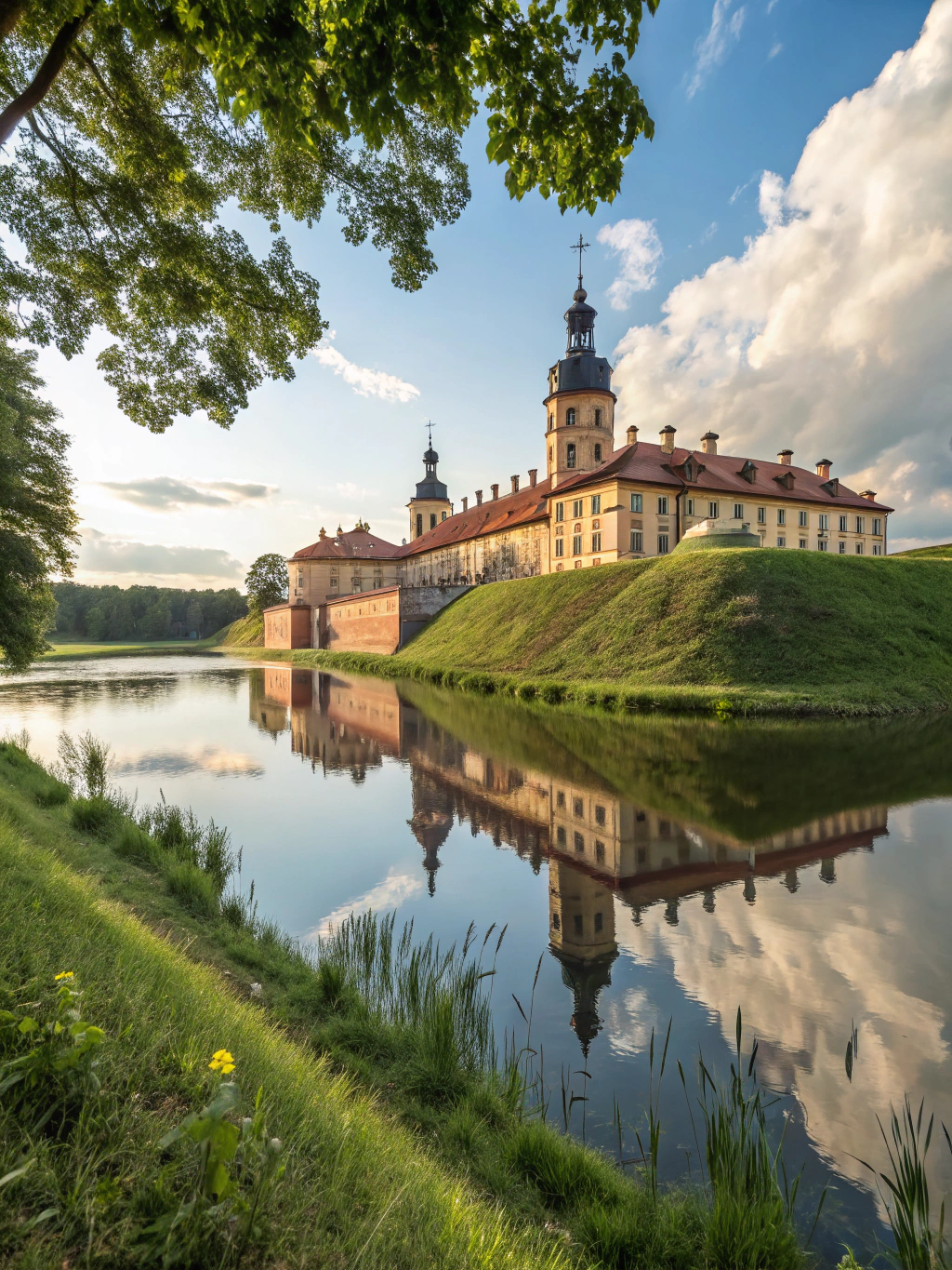 Grand French Renaissance castle mirrored in still moat waters flanked by geometric hedge gardens