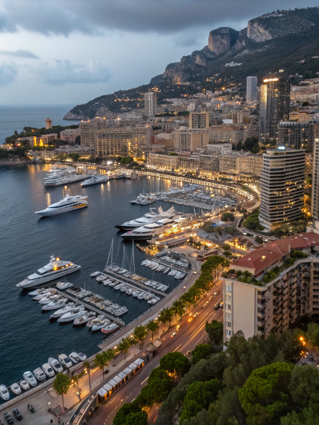 Luxury superyachts moored at Port Hercules in Monaco against backdrop of illuminated Belle Époque buildings