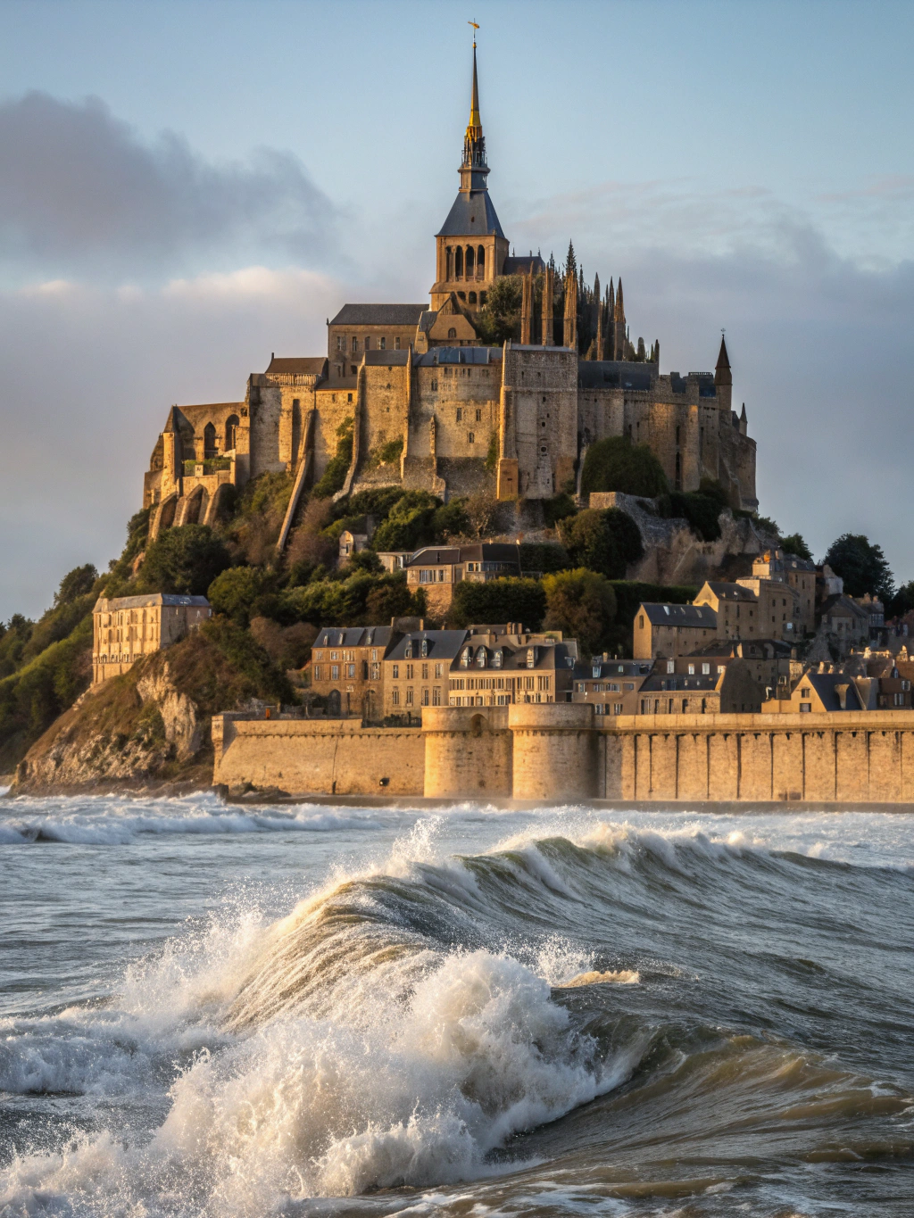Historic Gothic abbey rising from coastal tidal flats in Normandy