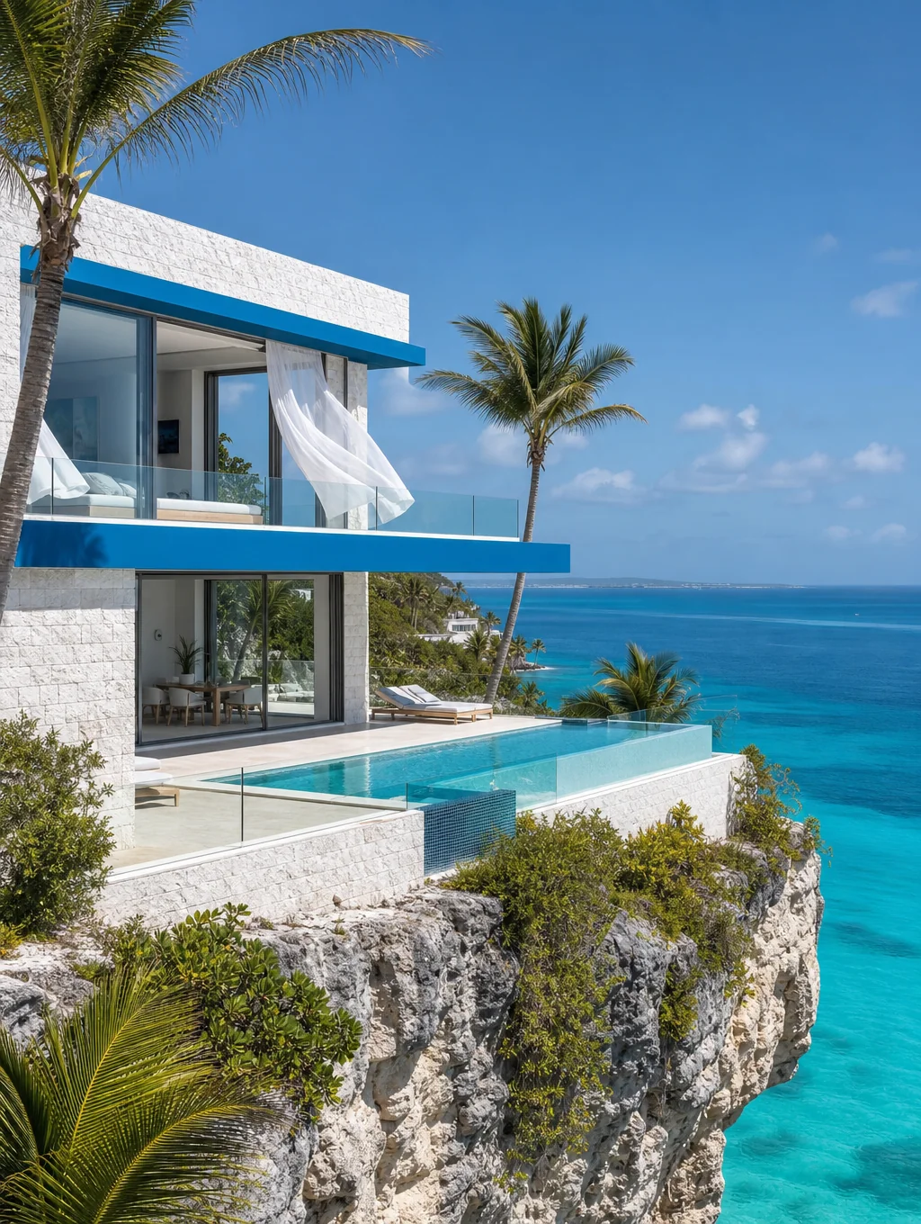 Whitewashed Cycladic villa with infinity pool perched over the turquoise Aegean sea in Mykonos