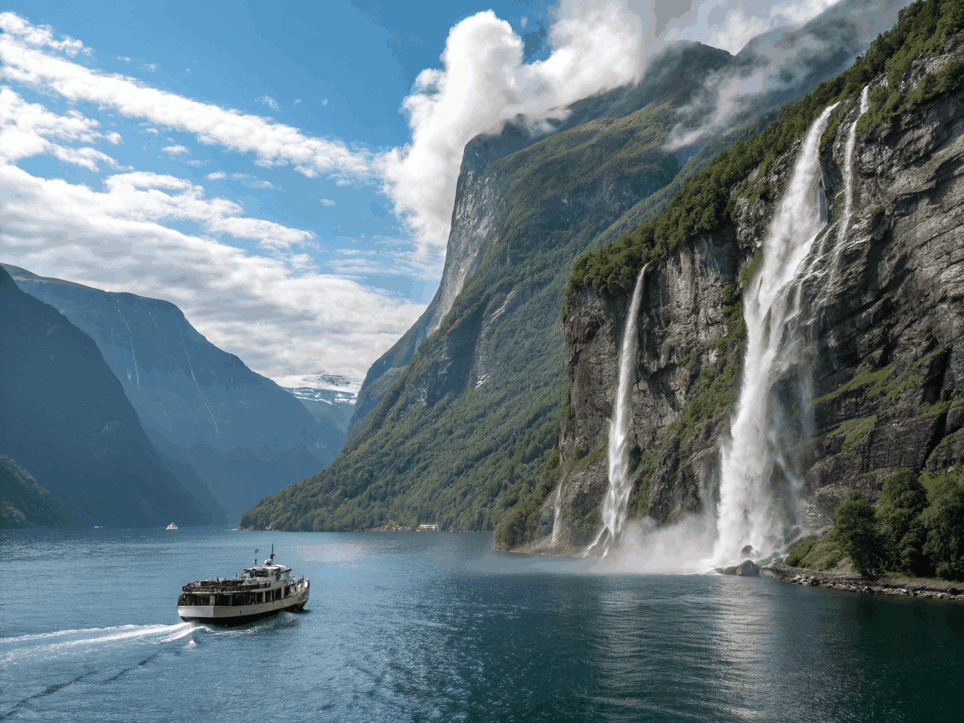 Dypblått fjordvann som speiler stupbratte fjell i Norge