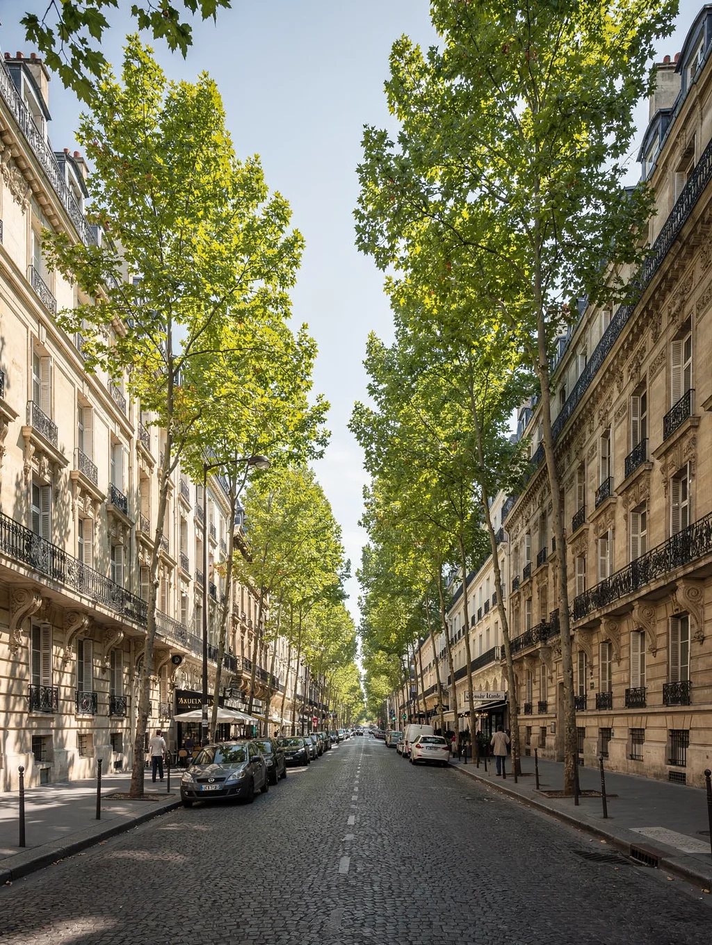 Elegant Parisian limestone avenue featuring classic wrought iron balconies and avenue trees