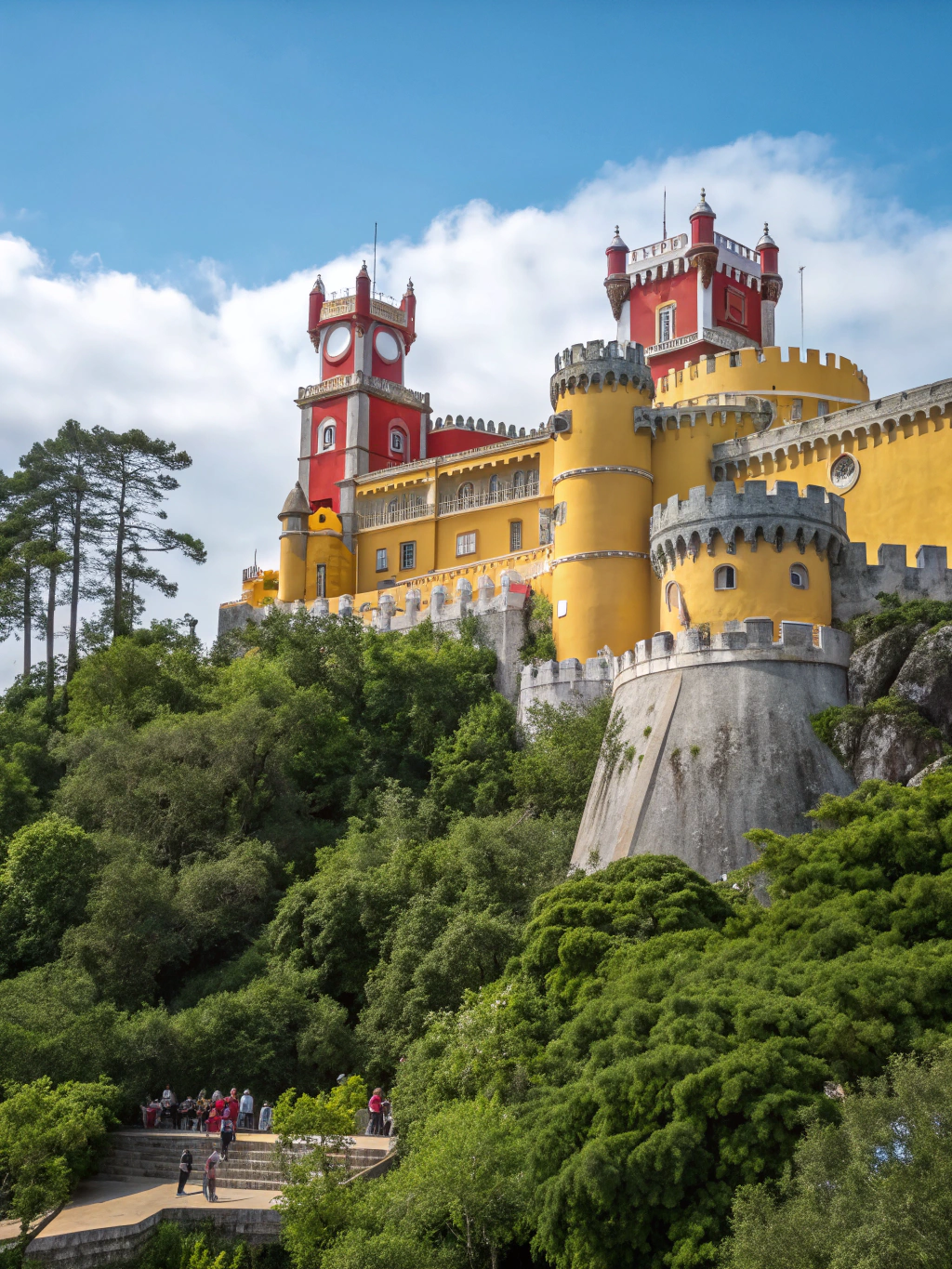 Vibrant Romanticist Pena Palace rising above misty hillsides in Sintra Portugal