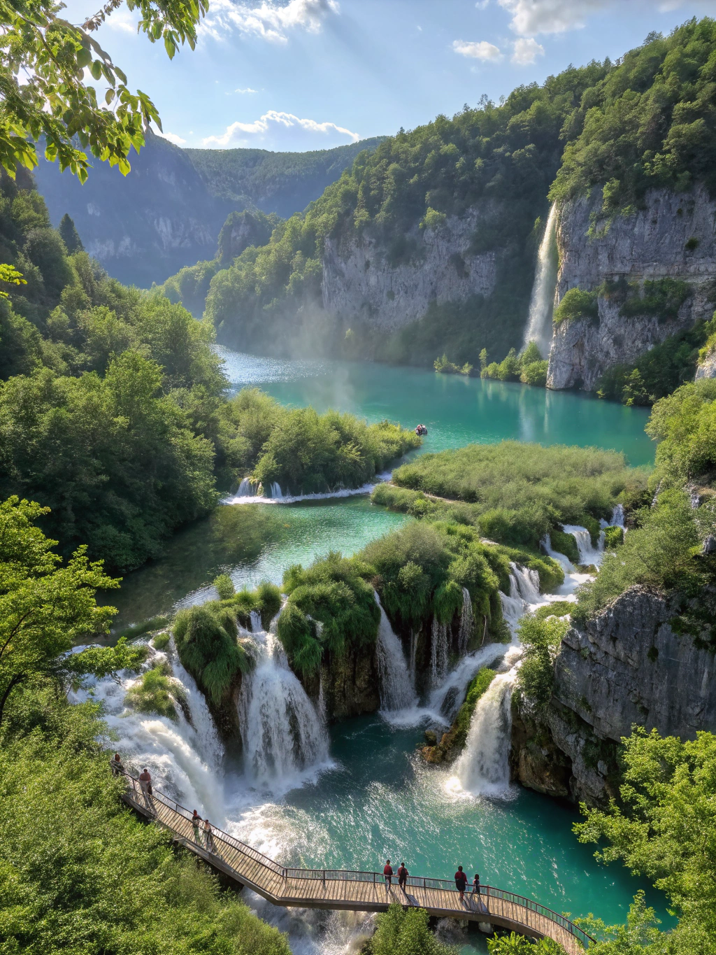 Crystal-clear turquoise waterfalls cascading through lush beech forest at Plitvice