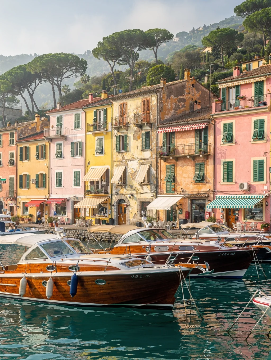 Colorful pastel waterfront houses and wooden yachts moored in the picturesque natural bay of Portofino