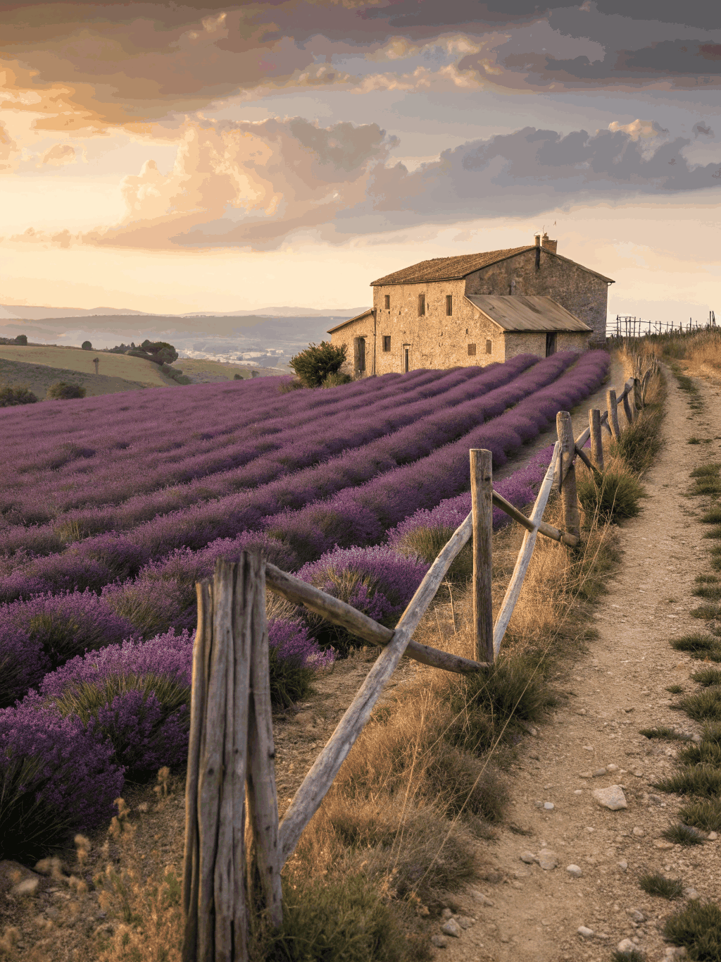 Lush purple lavender field blooming in Provence under golden sunlight near a weathered stone farmhouse