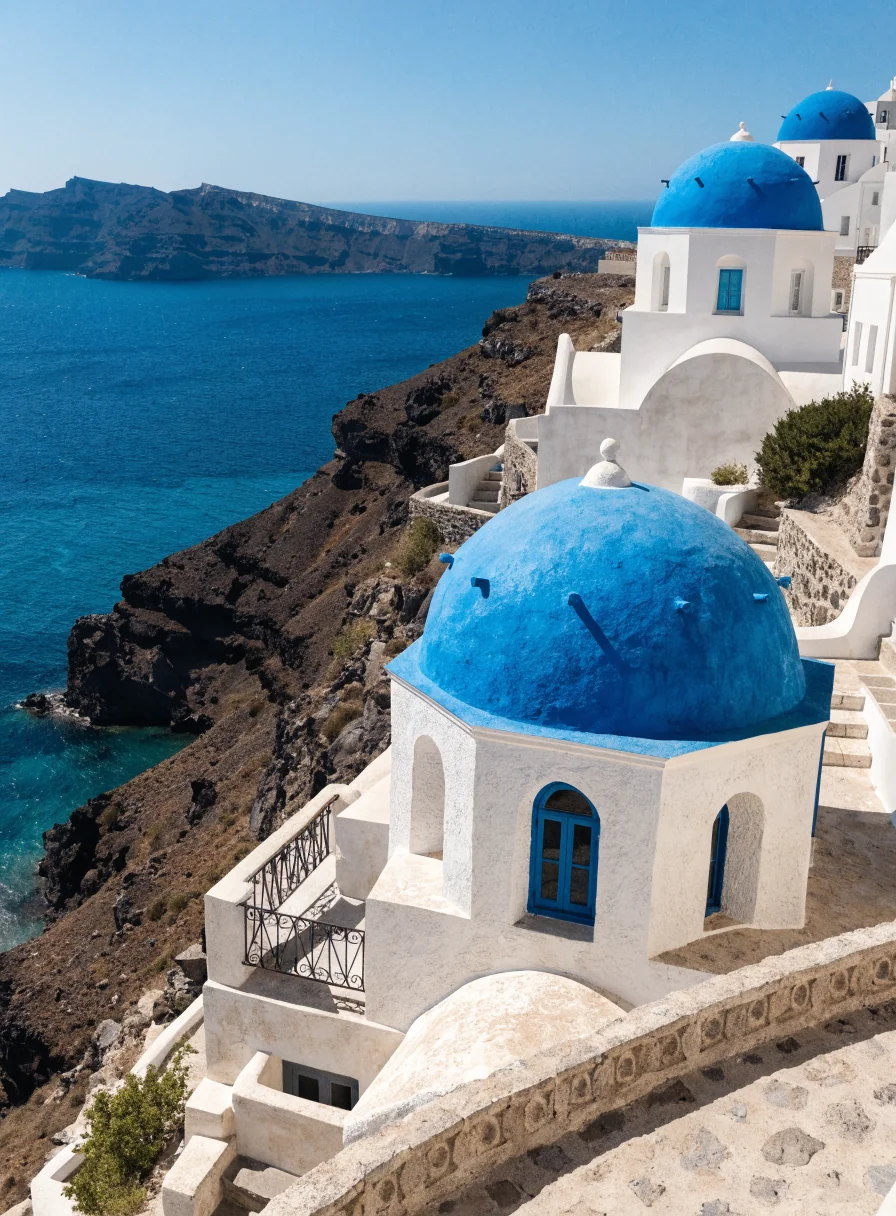 Whitewashed houses with blue domes perched above the deep blue Aegean caldera